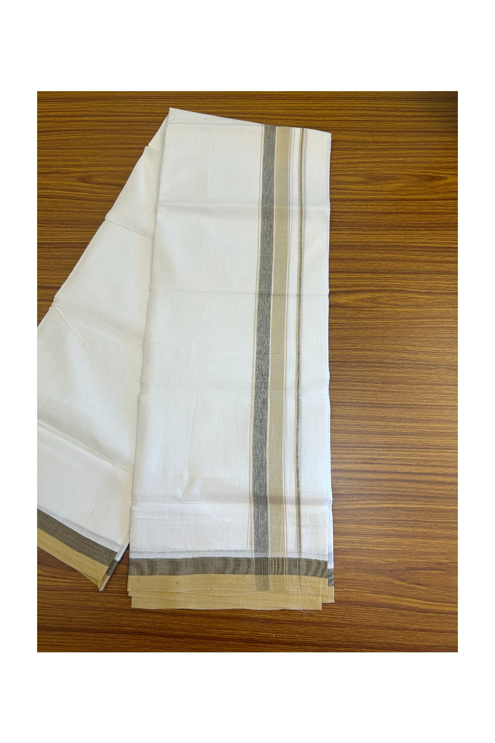 28% DISCOUNT! KaithariKada Balaramapuram 100% Cotton PURE WHITE Double Mundu/Dhoti-100x80- 1.75 inch Sand Brown & Black shaded designer kara - 6KK5134THI