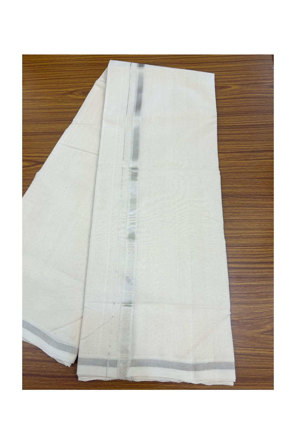 25% DISCOUNT! KaithariKada HANDLOOM Millpaav Balaramapuram - 100% PURE Cotton Off White - (Unbleached) Double Mundu/Dhoti - 2 cm Silver Kasavu Striped kara - 6KK5136RAM