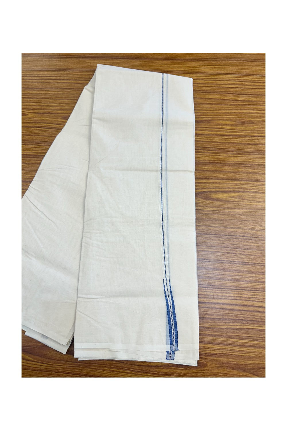 20% DISCOUNT! KaithariKada Balaramapuram 100% Cotton Double Off white - (Unbleached) Mundu/Dhoti-100x100 - 1 cm Puliyilakkara Muthukuri Silver Kasavu & Blue Chutty Kara- 6KK5140ASH