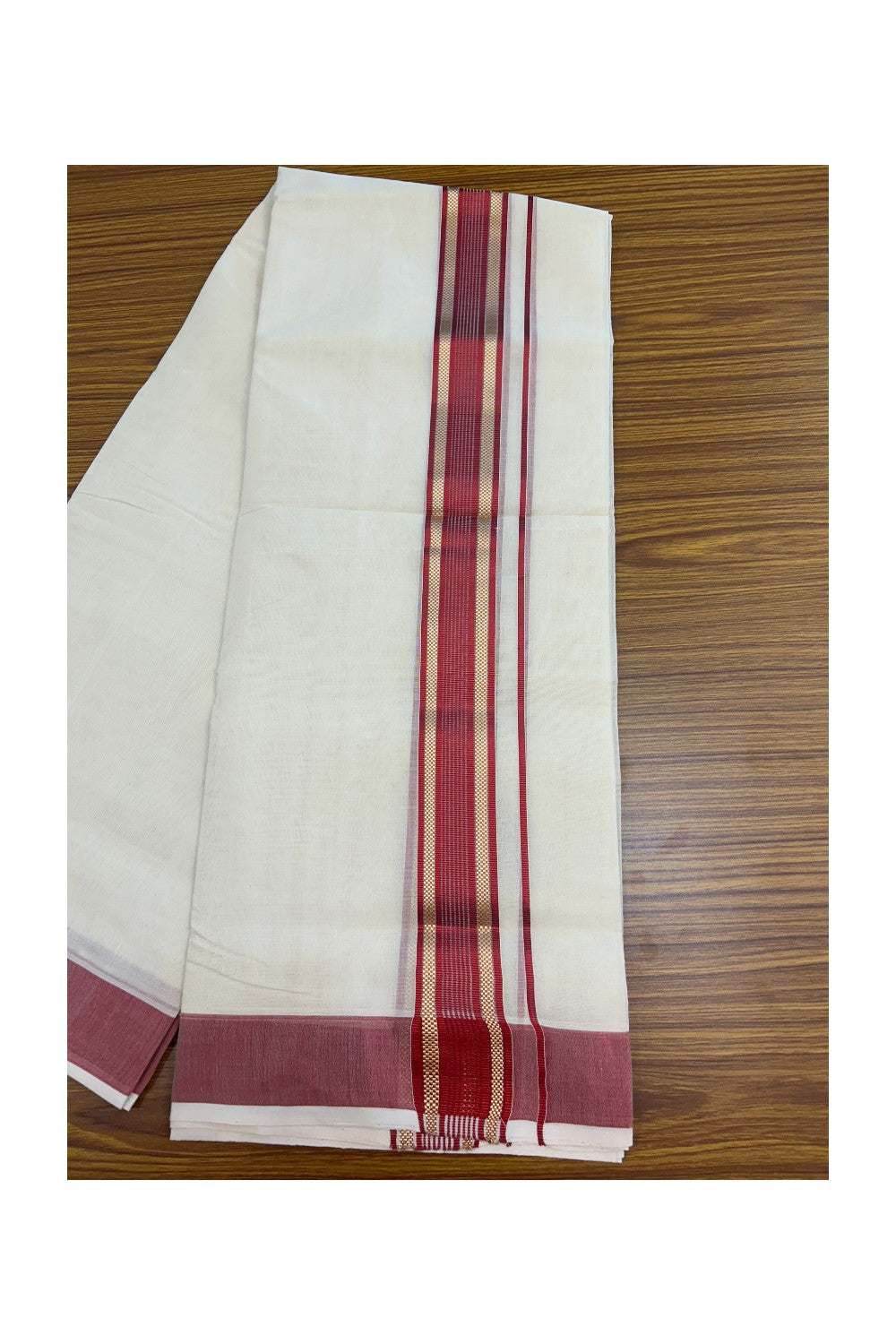 27% DISCOUNT!! KaithariKada HANDLOOM millpaav Balaramapuram - 100% PURE Cotton OFF White - (Unbleached) Double Mundu/Dothi - 2 inch Red colour kasavu  & Gold Kasavu Striped kara - 8KK5162RAM