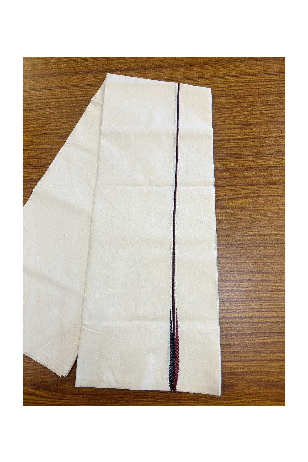 DMK Veshti - 29% Discount!! KaithariKada Balaramapuram 100% COTTON SINGLE OFF WHITE- (Unbleached) Mundu/Dhoti-100X100 - 1 cm Puliyilakkara Maroon & Black Chutty (2 meter / 4 muzham) - 6KK5166ASH