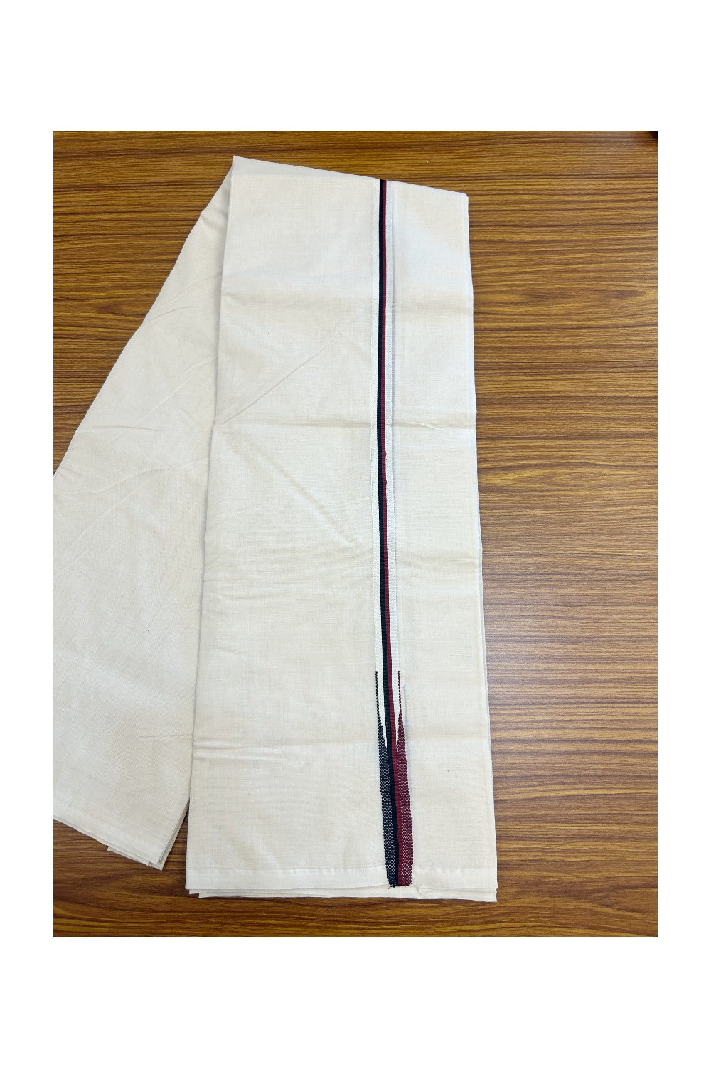 DMK Veshti - 23% DISCOUNT! KaithariKada 100% Cotton off white Double - (Unbleached) Mundu/Dhoti - 100X100 - 2 cm Puliyilakkara Black & Maroon chutty 3.80 mtr (8 Muzham)- 6kk5168ASH
