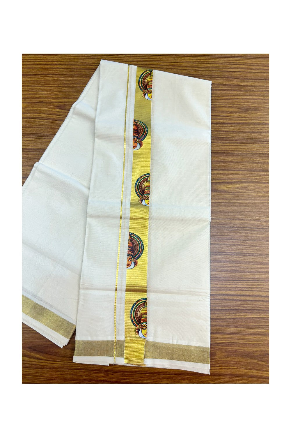 23% Discount!! KaithariKada Balaramapuram Mixed Cotton DOUBLE OFF WHITE - (Ubleached) Mundu/Dhoti - 80x72 - 1.25 inch Kasavu & Kathakali Printed Design Kara - 6KK5171GAN
