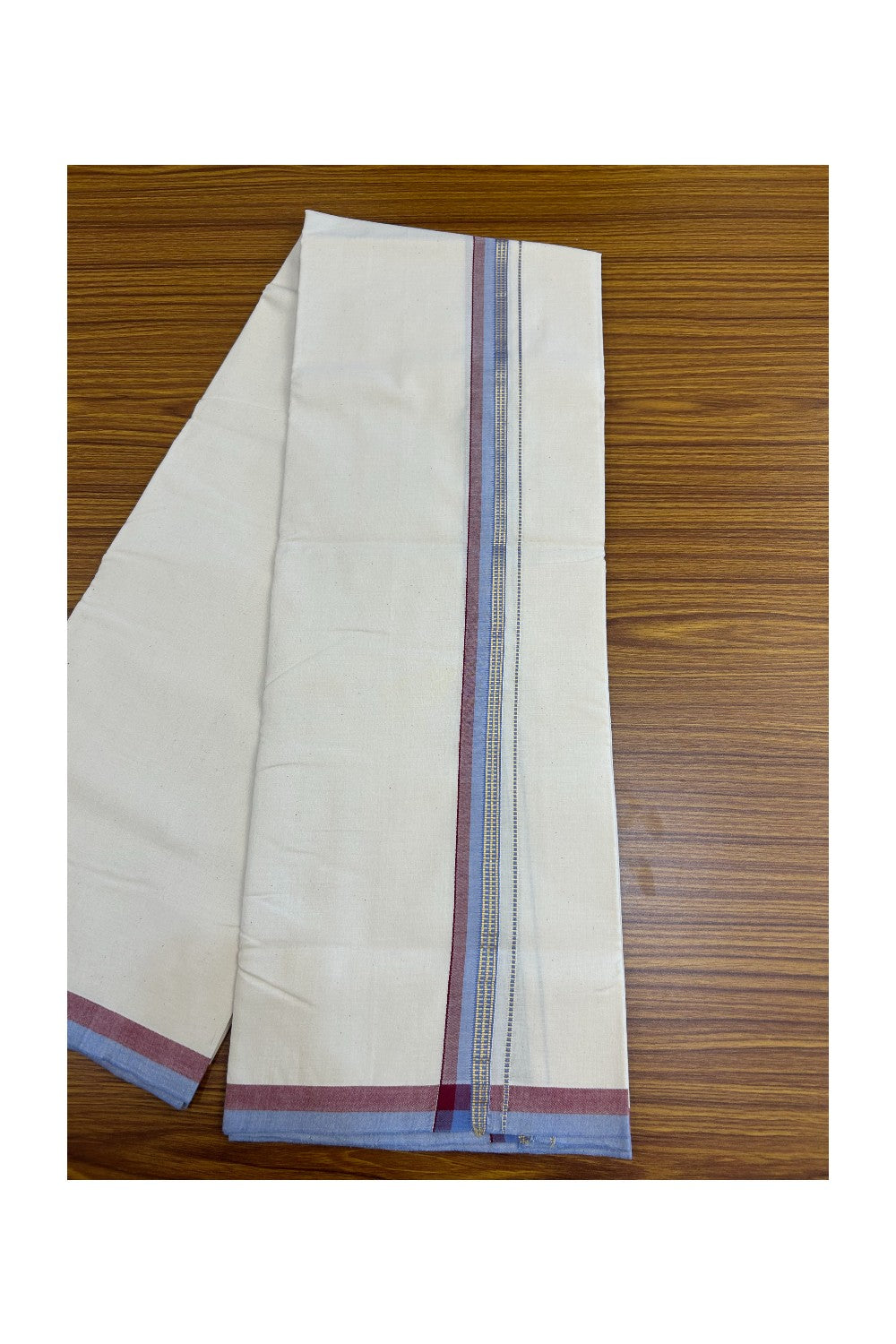 30%DISCOUNT!! SIGNATURE KAITHARIKADA EXCLUSIVE SINGLE DHOTI - 100% Cotton Balaramapuram HANDLOOM Single Mundu/Dhoti - Off White - (Unbleached) 1 inch Maroon Lavender & Gold Kasavu Kara (2 meter / 4 muzham)- 6KK5173KAI
