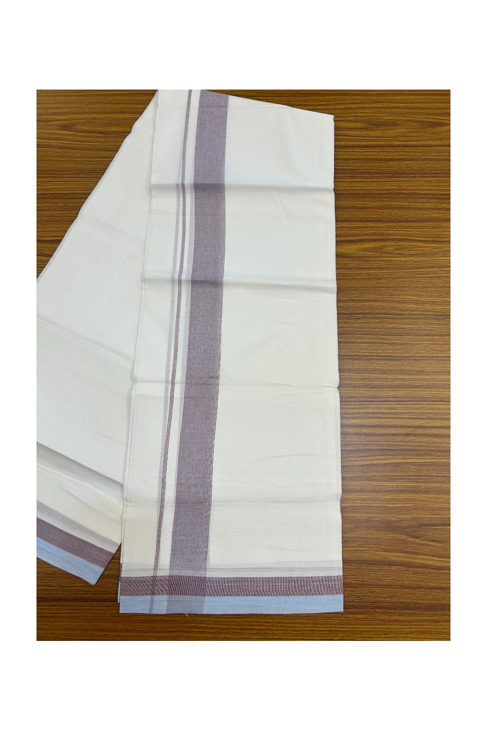 20% Discount ! Kaitharikada Balaramapuram 100% Cotton PURE WHITE Double Mundu/Dothi - 100x80 - 1.5 inch Sky Blue & Maroon Striped Kara - 6KK5183VIN