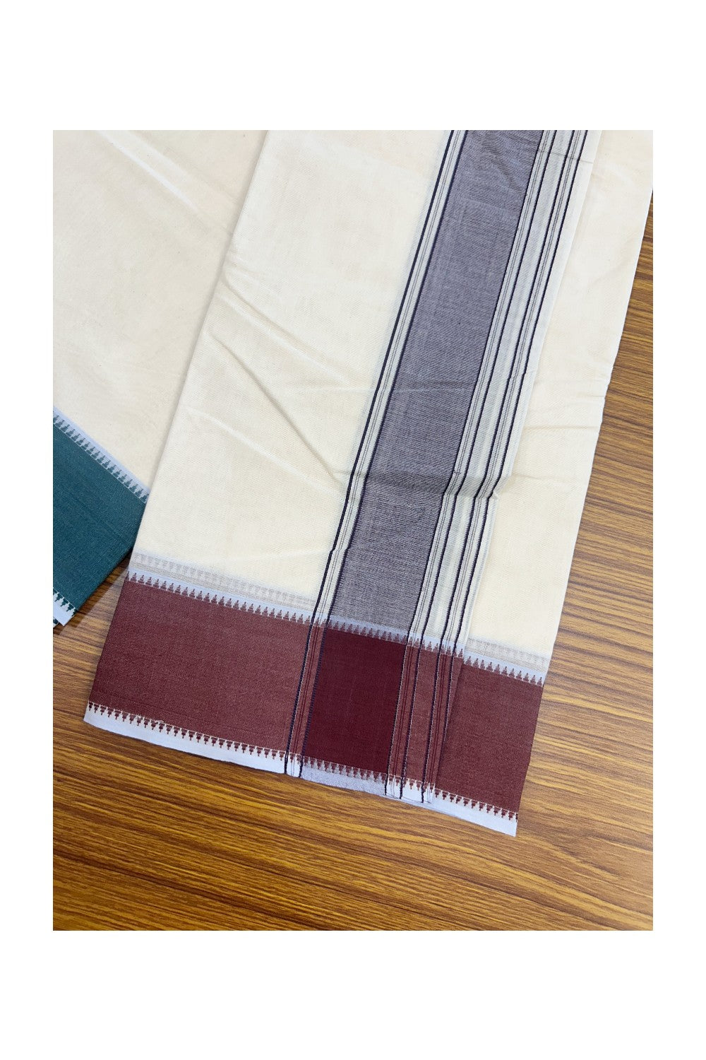 20% DISCOUNT! KaithariKada 100% Cotton Off White - (Unbleached) - Pure Cotton - 100x100 thread - NORTH INDIAN - ATTACHED GAMCHA 9X5 Dhoti Maroon & Green Border - 6KK5196PMC