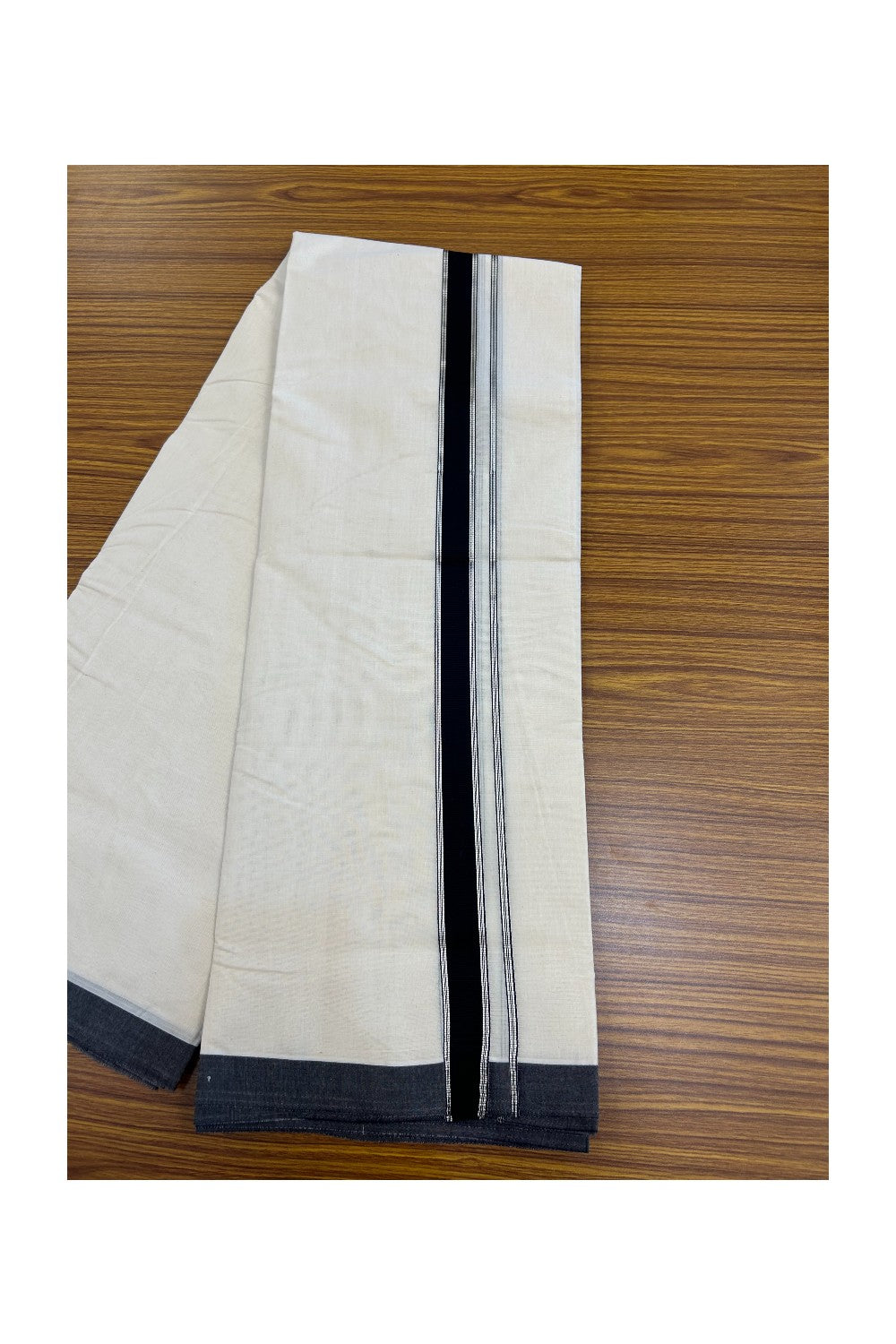 20%Discount KaithariKada Balaramapuram 100% Cotton Double Off white - (Unbleached) - Mundu/Dhoti-100x80 - 1 inch Black & Silver Kasavu Striped Kara 3.75 mtr (8 Muzham)- 6KK5198ASH
