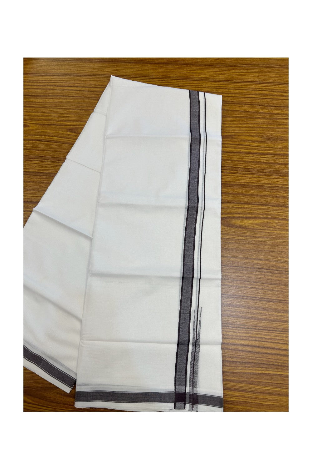 20% Discount!!! KaithariKada Balaramapuram  Double PURE WHITE Mundu/Dhoti - 100x80 - 0.75 inch Dark Brown shaded puliyilakkara striped chutty - 6KK5217 CKS