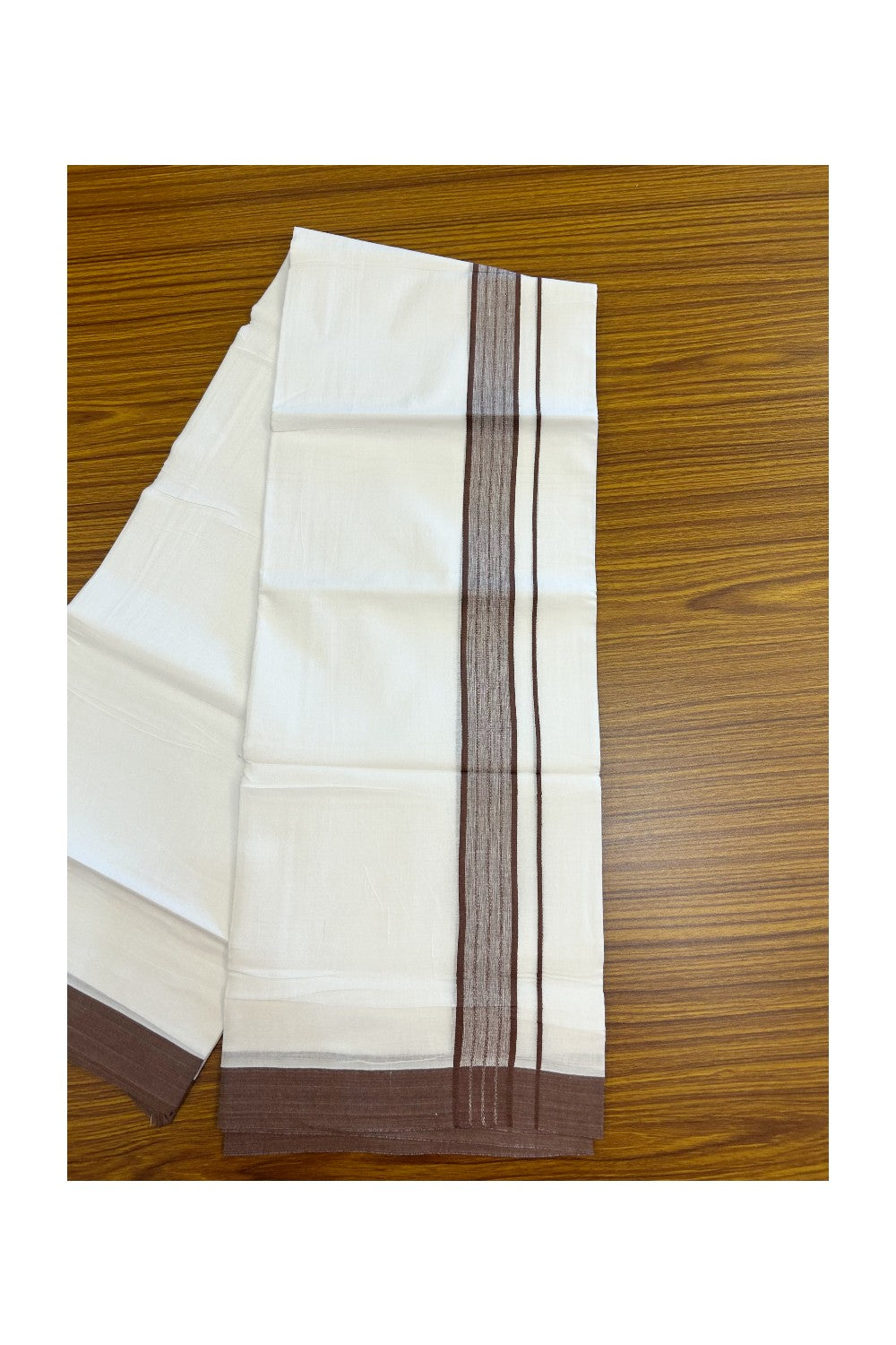 20% DISCOUNT!!! KaithariKada Balaramapuram 100% Cotton DOUBLE PURE WHITE Mundu/Dhoti - 100X80 - 1.75 Inch Deep Brown Shaded Stripes kara 3.75 mtr (8 muzham) - 6KK5220 THI