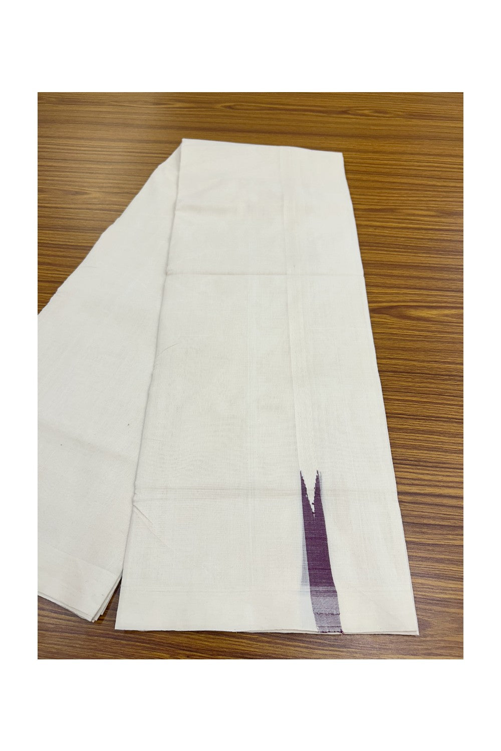 25% Discount!!! KaithariKada HANDLOOM UNAKKUPAAV Balaramapuram - 100% PURE Cotton OFF WHITE (Unbleached) Double Mundu/Dhoti - 80x90 - 1.5 cm Wine Purple chutty kara  4 Mtr (8.5 Muzham) - 6KK5235 YAR