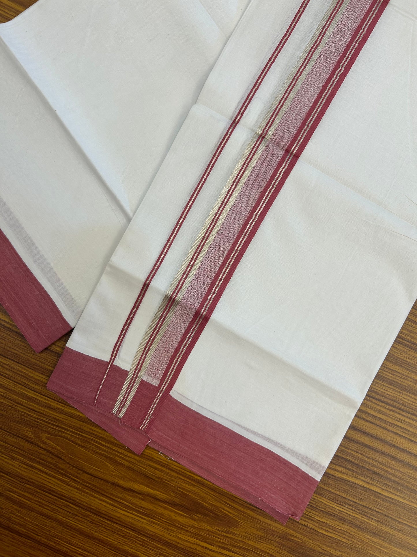 Short Dhoti Special - 28% Discount ! KaithariKada 100% Cotton Pure White Double Mundu / Dhoti - 100x80 - 45 inch Height 3.80 m Length  1.5 inch Maroon Magenta Mix Silver Kasav kara - 6 KK5258 THI