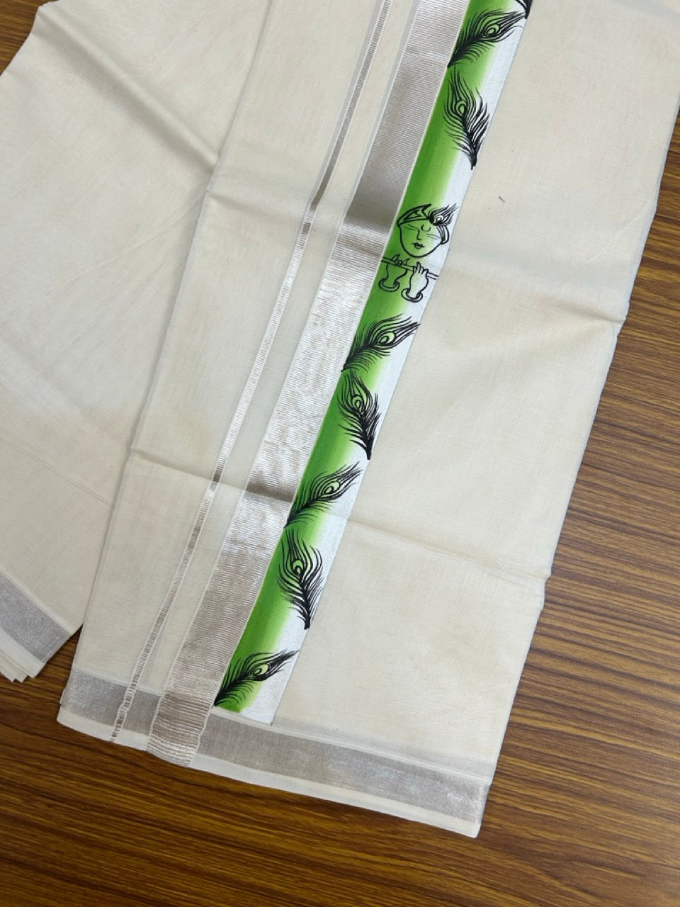 24% Discount! Hand Painted - KaithariKada 100% Cotton Double Off white - (Ubleached) Mundu / Dhoti - 100x80 1 inch Silver Kasavu & Hand Painted Krishna Peacock - 6 KK5259 CKS