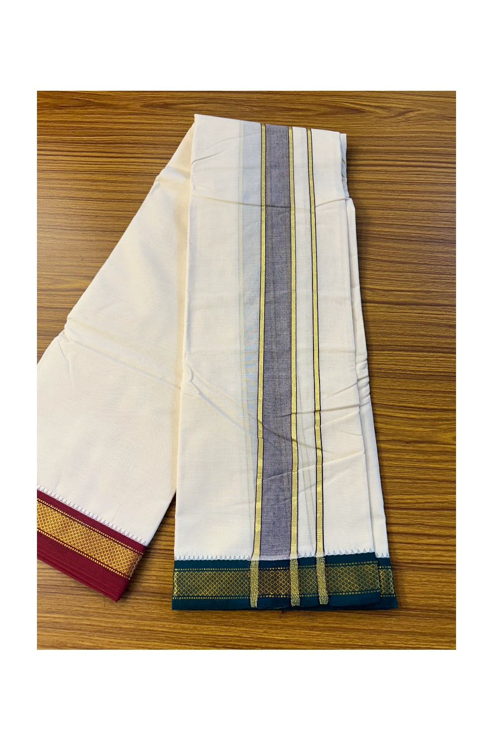 21% DISCOUNT! KaithariKada 100% Cotton Off White - Pure Cotton - 100x100 NORTH INDIAN ATTACHED GAMCHA - 9X5 Dhoti - 1.5 inch Light purple kara with RED & MAROON border - 6KK77PMC