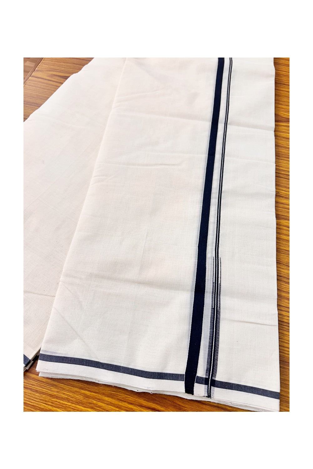 14% Discount! KaithariKada  Kerala Handloom Millpaav- 100% Pure Cotton 100x100 Double Mundu/Dhoti Off White (Unbleached) - Puliyilakkara  Black 1.cm  KARA-6RAM