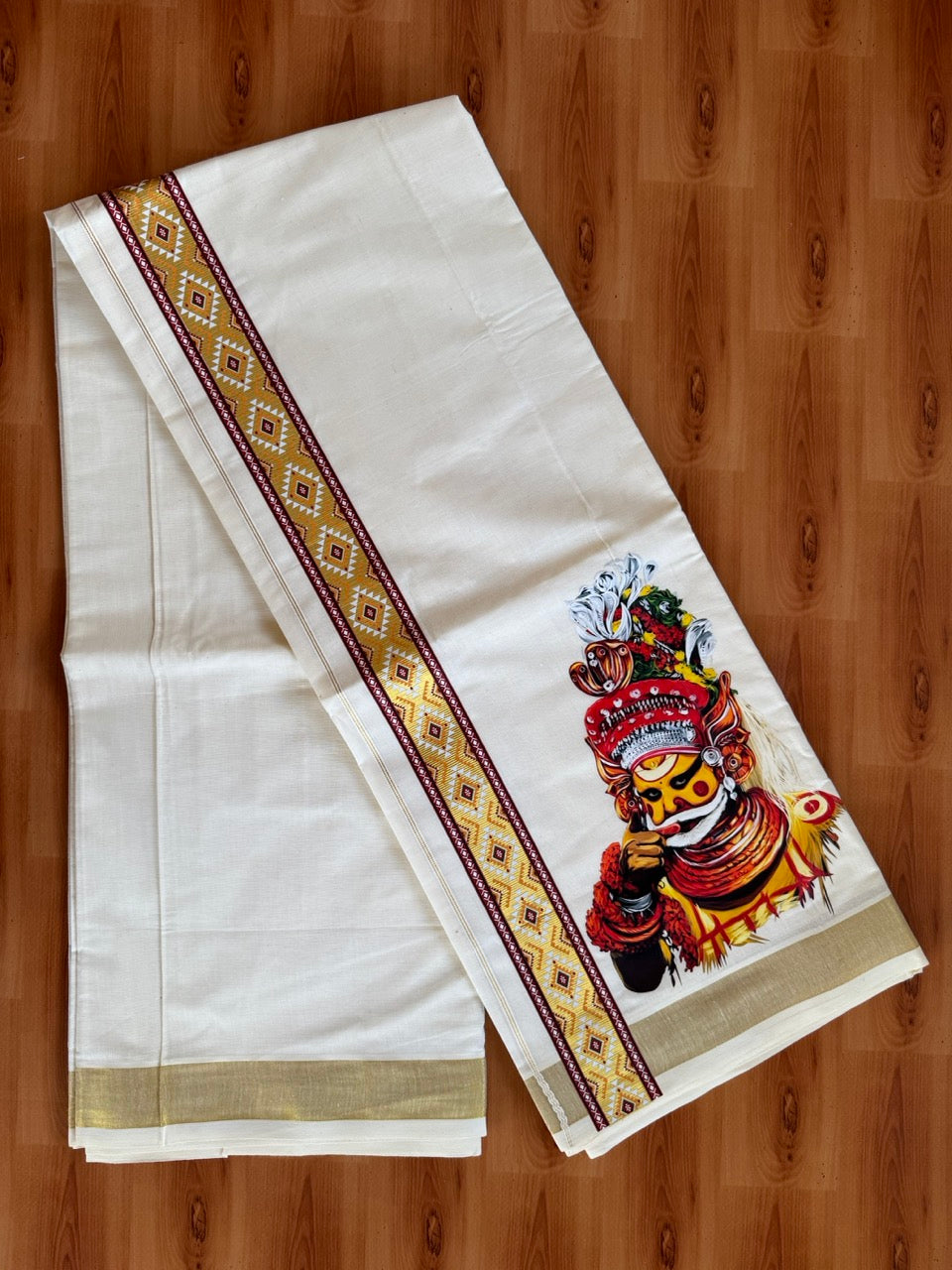 Double Off White - Theyyam Print - (Unbleached) Mundu/Dhoti- 20% Discount!! KaithariKada Mixed Cotton 60s - 1.5 inch Gold Kasav with Printed Design Kara - 8 KK5474 GAN