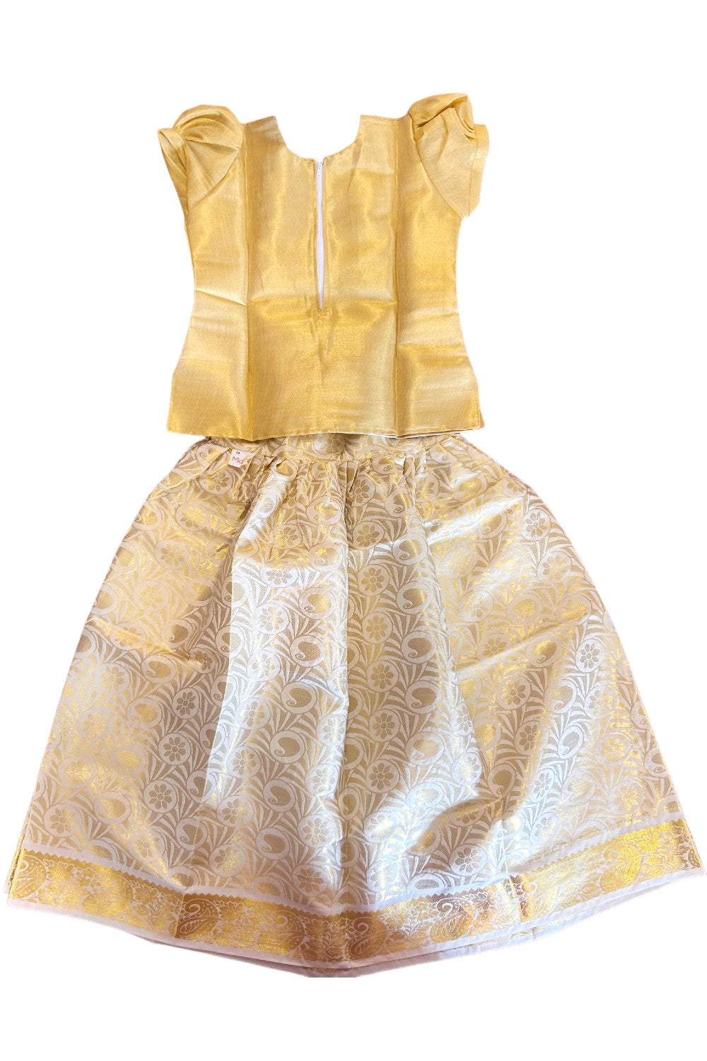 Midukki-Traditional South Indian Kids Pattu Pavada- Golden tissue top offwhite brocade skirt with kasavu- Age 8 - KK8MID006