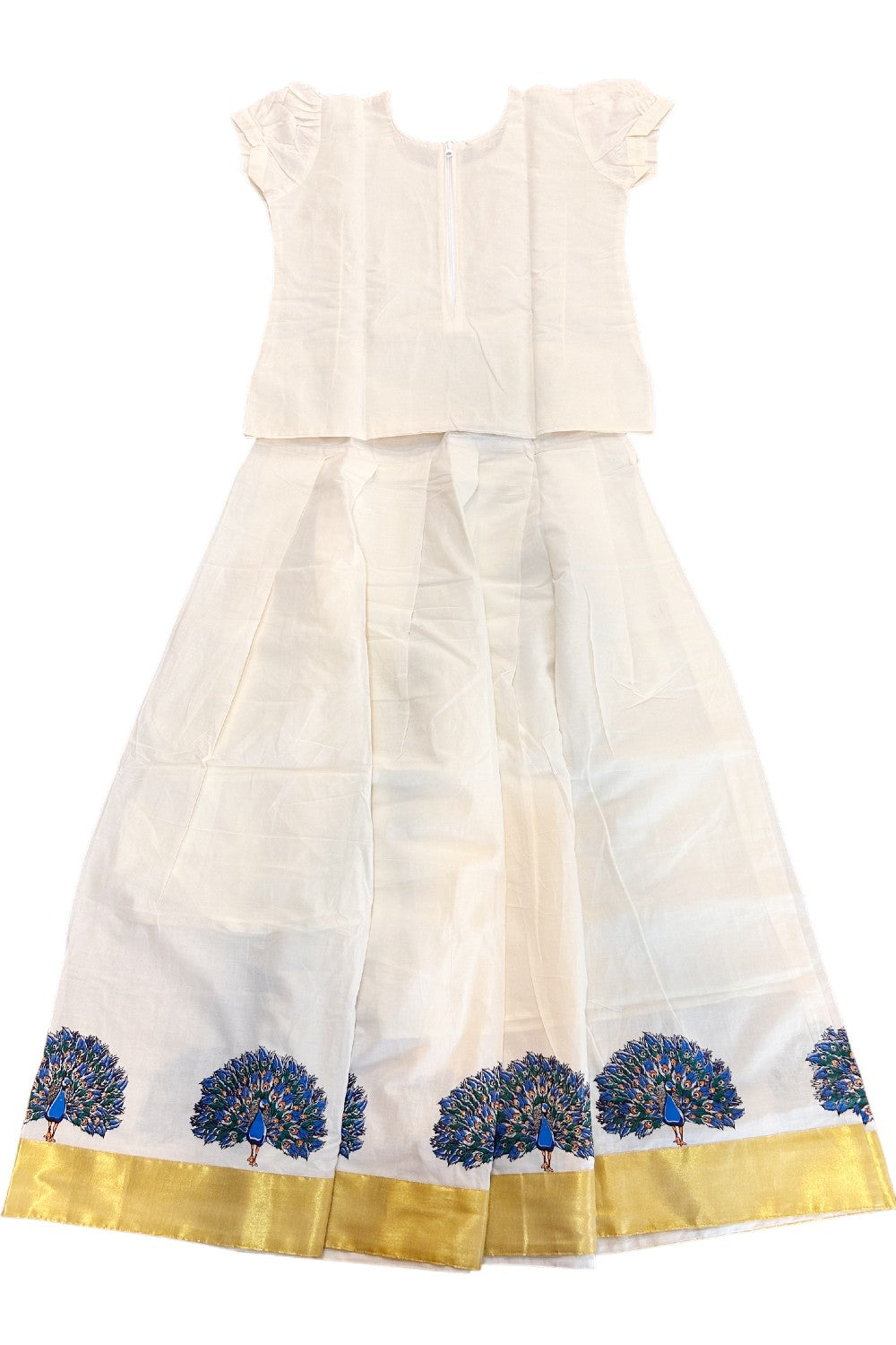 Midukki-Traditional South Indian Kids Pattu Pavada- Offwhite top with peacock print offwhite skirt with kasavu peacock print- Age 15&16 - KK15&16MID006