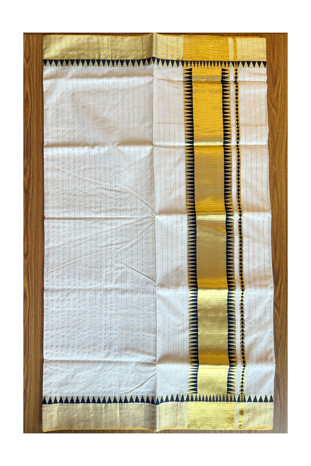KaithariKada HANDLOOM UNAKKUPAAV Balaramapuram Kerala Saree for Women - 100% PURE  Cotton with Kasavu stripes & Navy blue Temple pattern design  - 6KK483KK