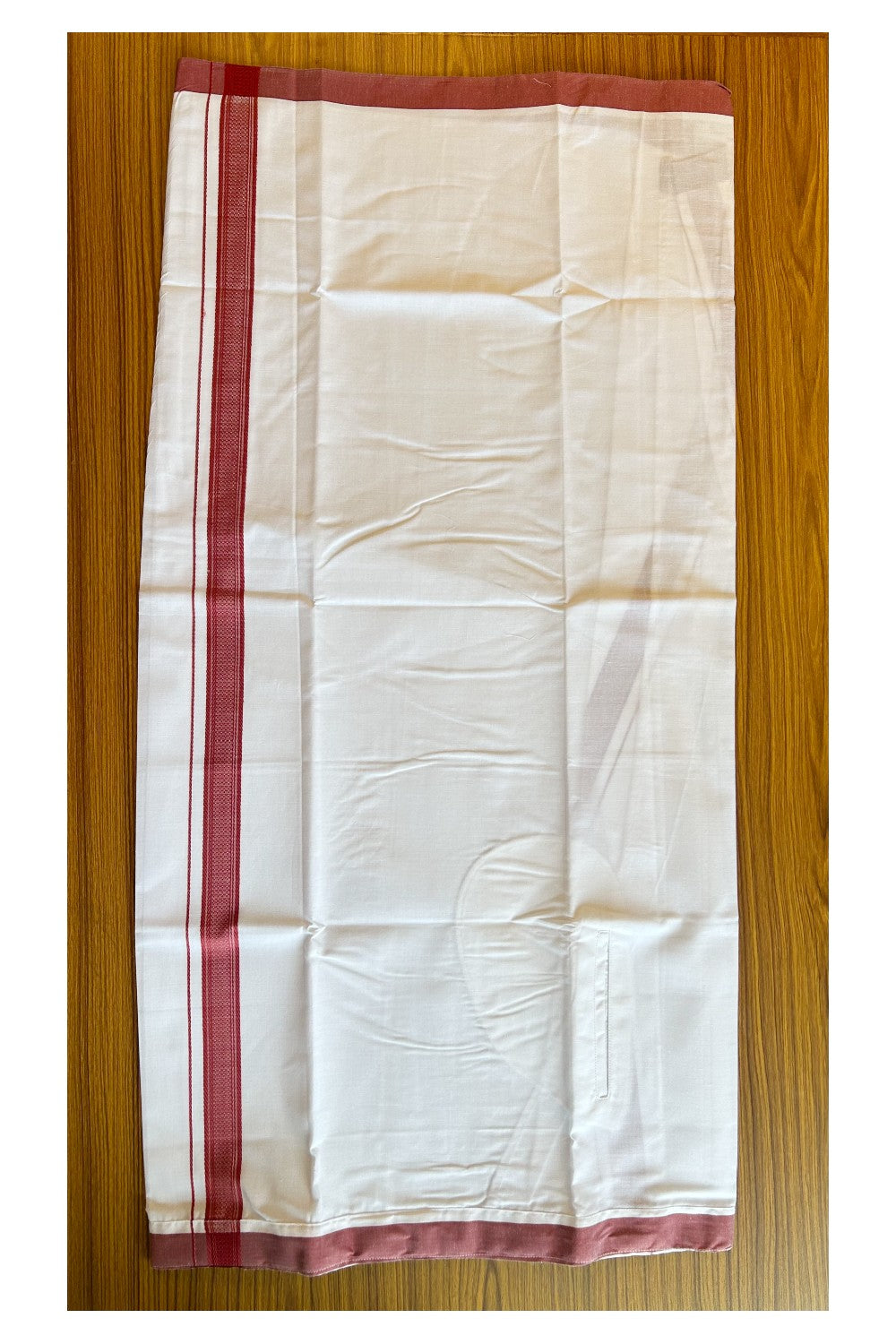 KaithariKada Balaramapuram  COTTON SINGLE PURE WHITE VELCRO Mundu/Dhoti - 1.75inch Brick Red kara (2 metre / 4 muzham) - 6KK485SRI