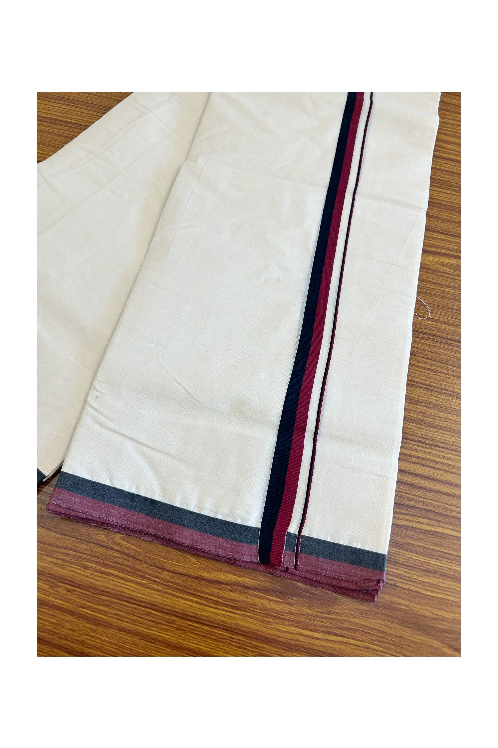 DMK Veshti - 22% DISCOUNT! KaithariKada 100% Cotton off white Double - (Unbleached) Mundu/Dhoti - 100X100 - 1 inch Black & Maroon shaded kara - 1KK489ASH