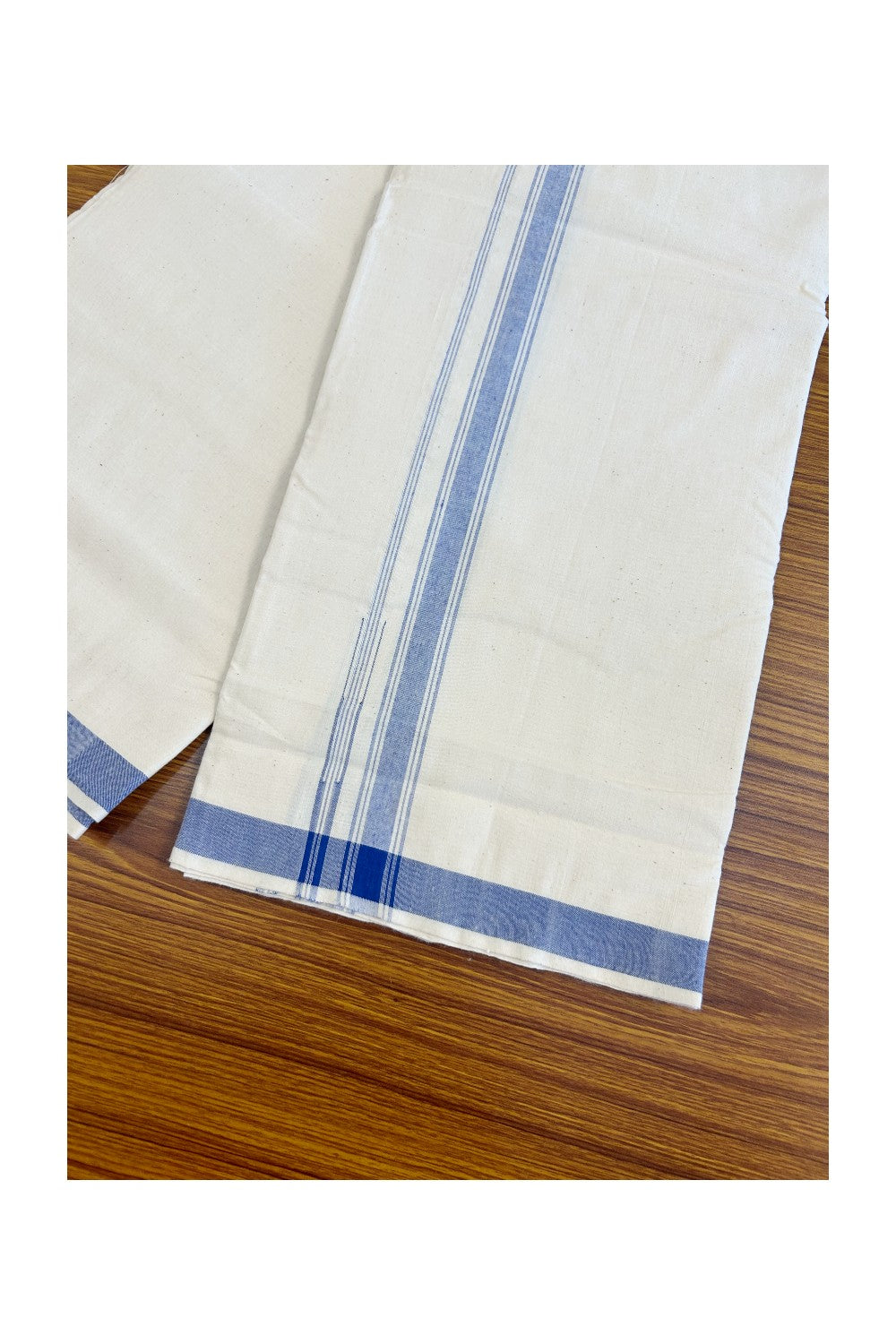 30% Discount KaithariKada 100% Cotton Balaramapuram HANDLOOM Single Mundu/Dhoti - Off White - (Unbleached) Puliyilakara Blue Striped Chutty Kara(2 meter / 4 muzham)  - 6KK499KK