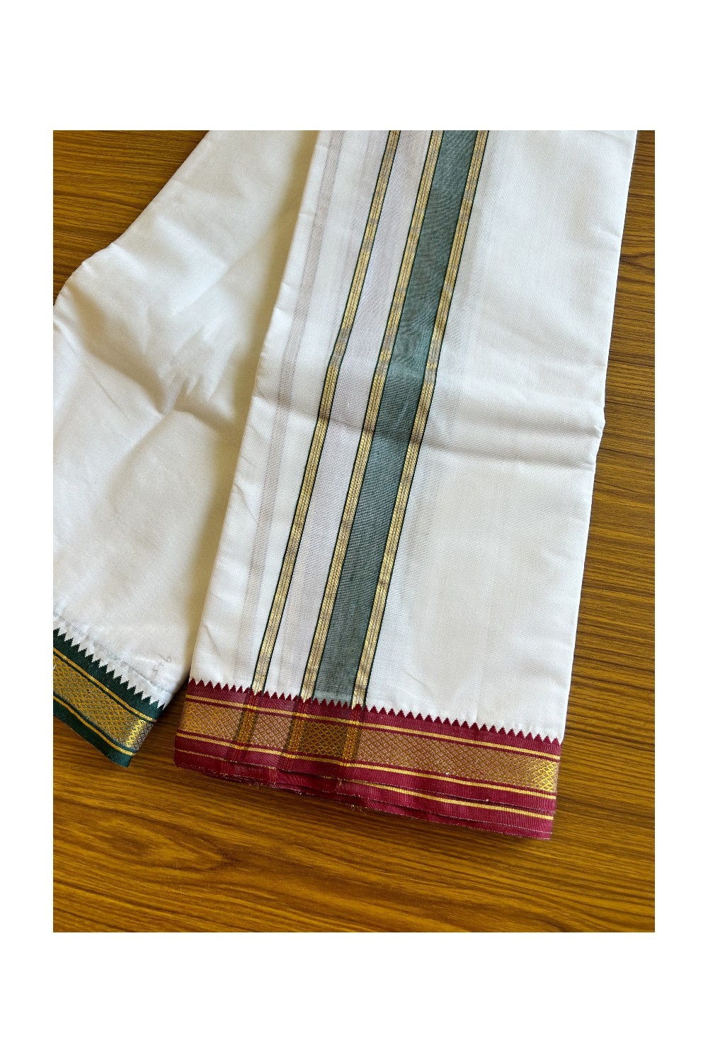 15% DISCOUNT! KaithariKada Cotton mix PURE White - 80x80 thread - 80% Cotton & 20% Polyester - NORTH INDIAN  - ATTACHED GAMCHA 10x6 Dhoti- Gold Kasavu Green & Maroon 2.65 inch kara - 6KK5008PMC