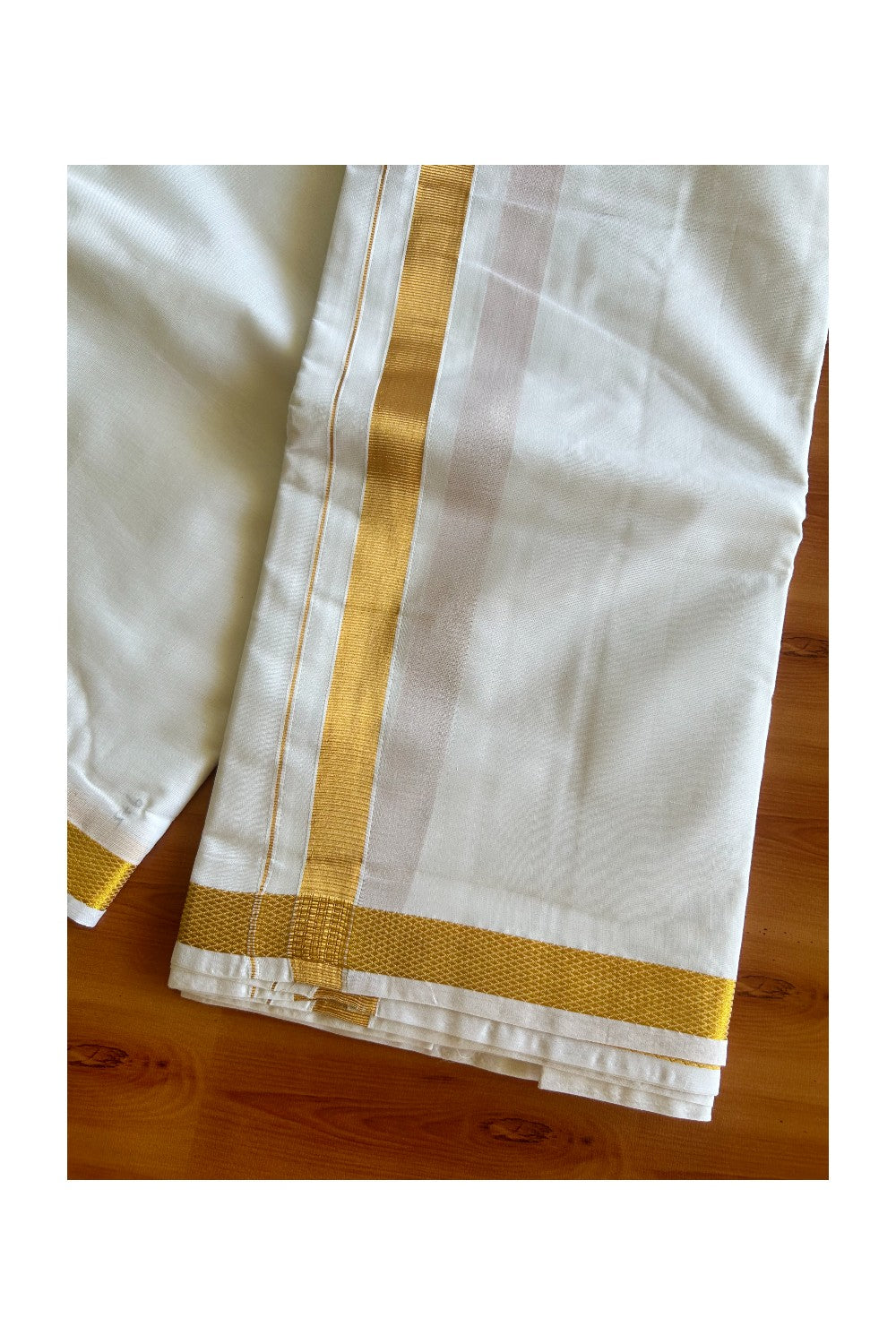 15% DISCOUNT! KaithariKada Cotton Mix - PURE White - 80x80 thread - 80% Cotton & 20% Polyester - NORTH INDIAN - ATTACHED GAMCHA 9X5 Dhoti - Gold KASAVU 1.5 inch & Border - 8KK5008PMC