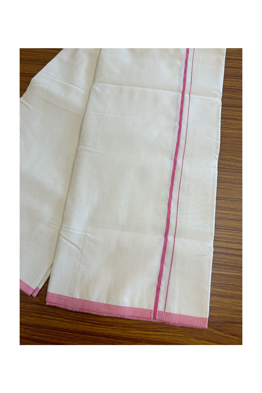 SIGNATURE KAITHARIKADA EXCLUSIVE SINGLE DHOTI - 100% Cotton Balaramapuram HANDLOOM Single Mundu/Dhoti - Off White - (Unbleached) 1.5cm Pink & Silver KASAVU Kara (2 metre / 4 muzham)- 6KK5010KAI
