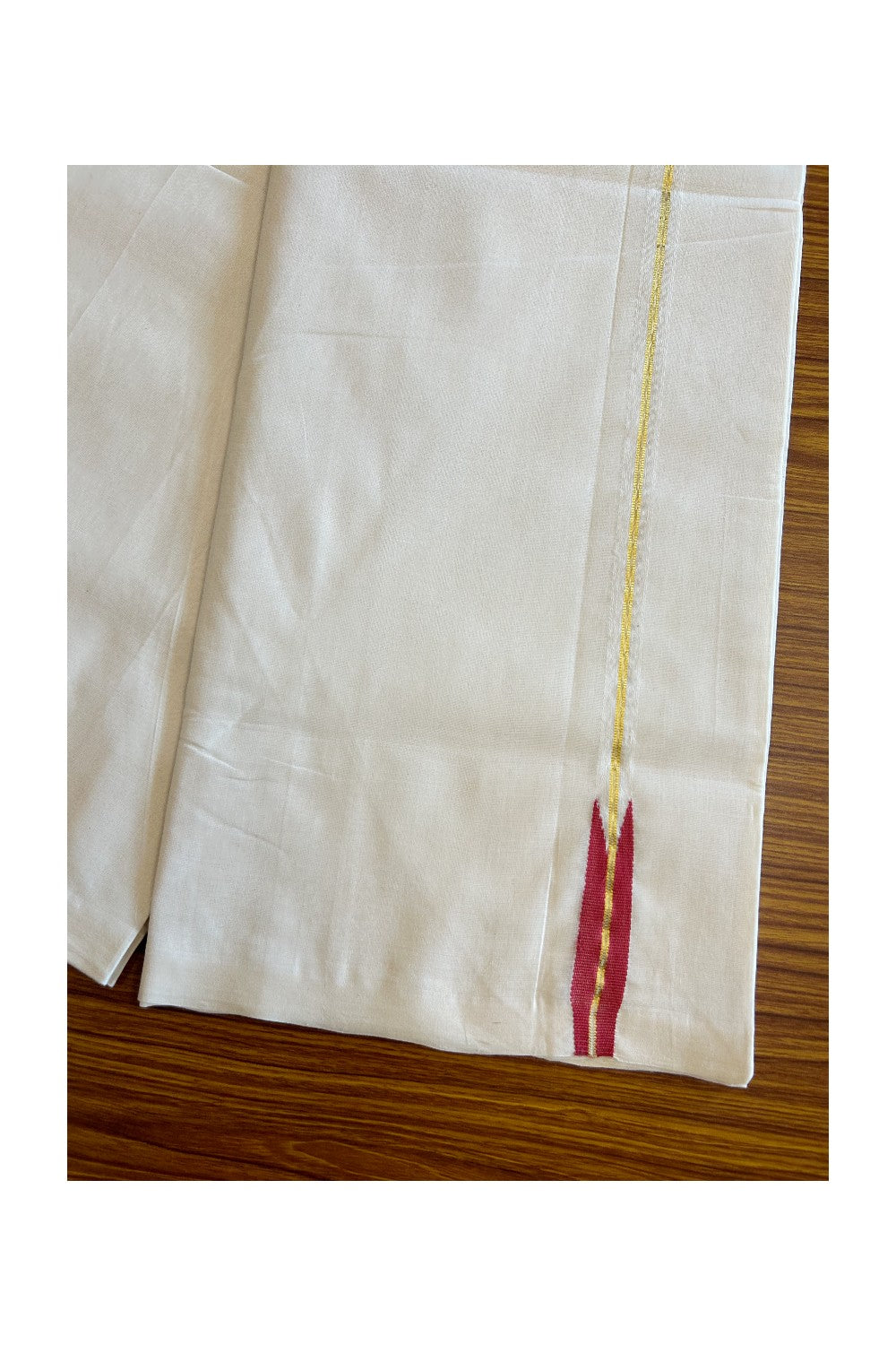 30% DISCOUNT!! KaithariKada HANDLOOM Unakkupaav Balaramapuram - 100% PURE Cotton OFF White Double - (Unbleached) Mundu/Dothi - Kasavu Pink Red puliyilakkara chutty- 6KK5029RAM
