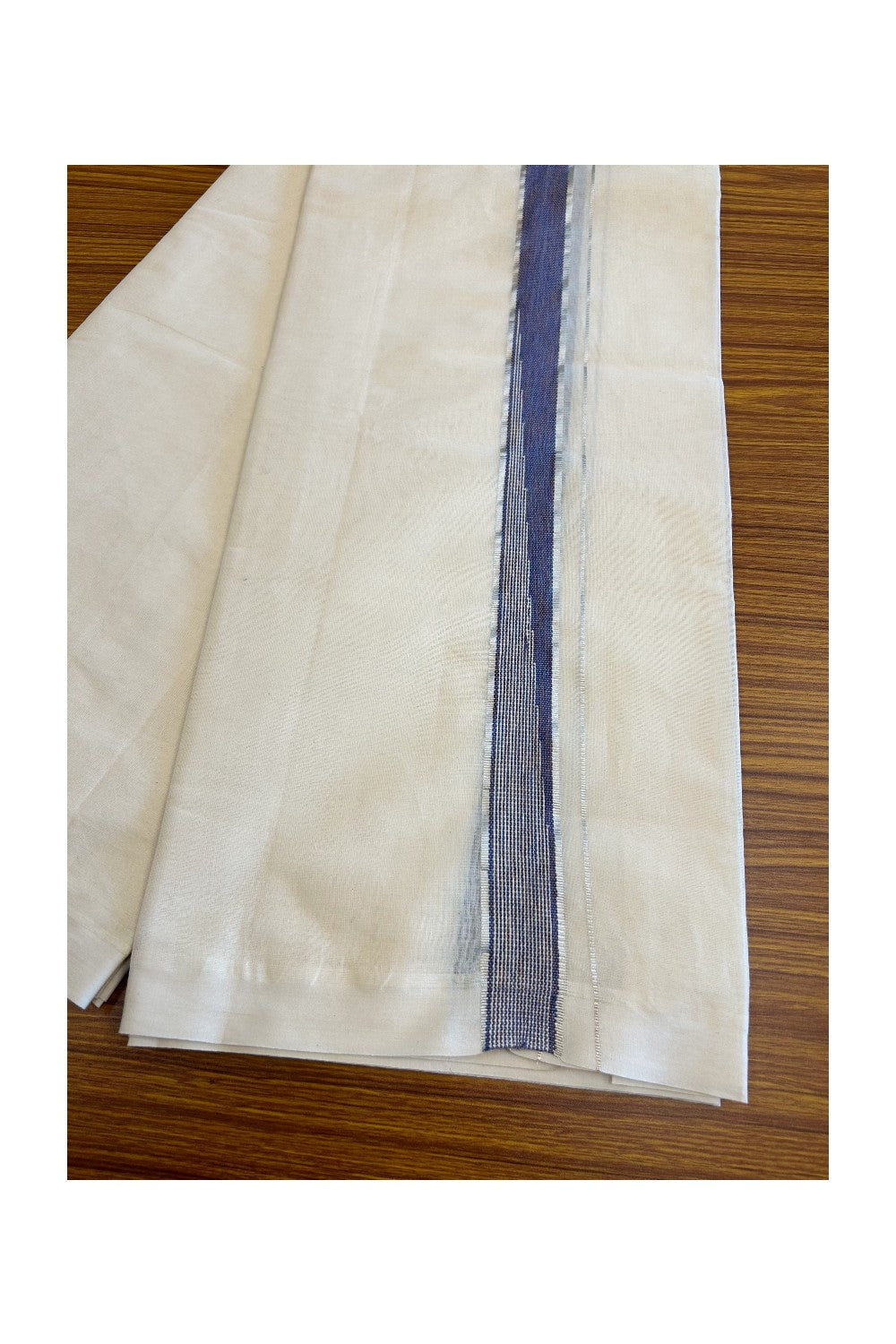 5% Discount!!! KaithariKada Balaramapuram  Double Off white - (Unbleached) Mundu/Dhoti - 80X90 - 1.75 inch Silver kasavu Violet Indigo heavy chutty - 6KK5037KAI