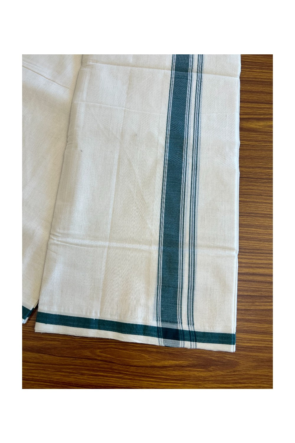 30% Discount KaithariKada HANDLOOM Unakkupaav Balaramapuram - 100% PURE Cotton off white (Unbleached) Double Mundu/Dhoti -1.75 inch Dark Green with stripes & Solid kara-166