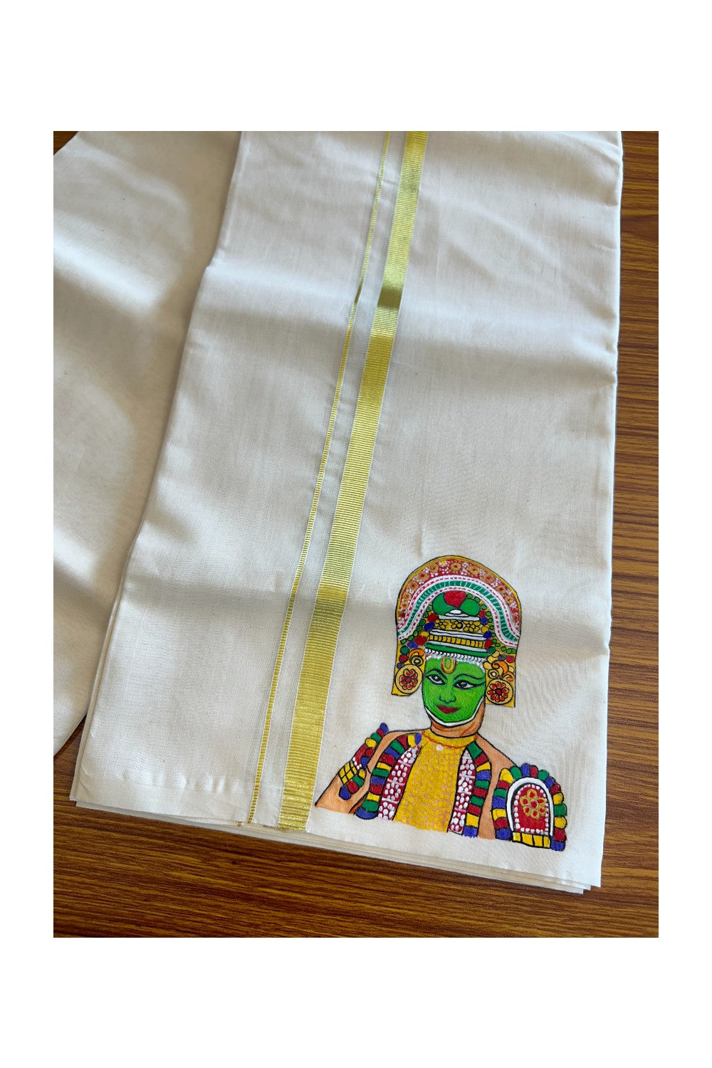 KaithariKada Balaramapuram 100% Cotton Double Off white - (Unbleached) Mundu/Dhoti-100x80 1 inch Kasavu & Hand Painted Chakyar Koothu Design Kara 3.70 meter- 6KK5046KK