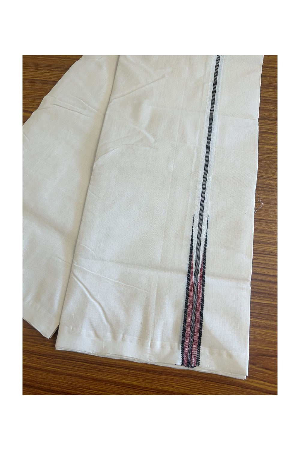 25% DISCOUNT! KaithariKada BALARAMAPURAM HANDLOOM Unakkupaav- 100% PURE Cotton 100x100 Double Mundu/Dhoti OFF WHITE -(Unbleached) - PULIYILAKKARA Silver Kasavu & Black+Brick Red 2.cm Chutty KARA- 6KK506RAM
