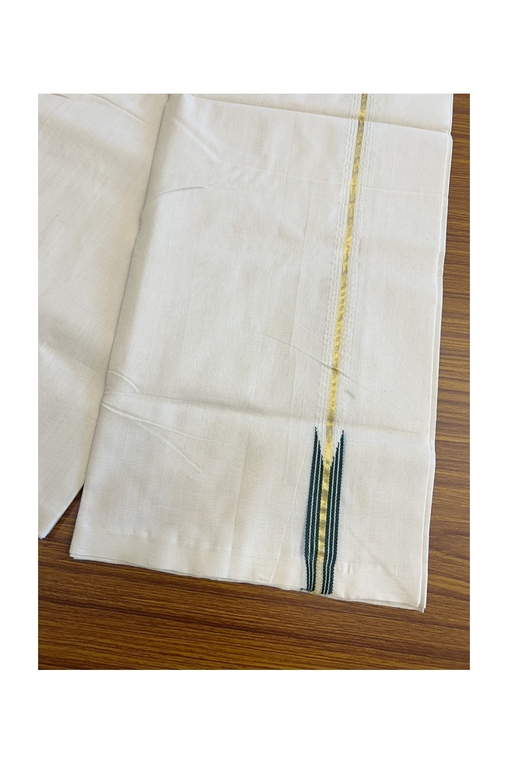 30% DISCOUNT!! KaithariKada HANDLOOM Unakkupaav Balaramapuram - 100% PURE Cotton OFF White (Unbleached) Double Mundu/Dothi - Kasavu gold striped dark green puliyilakkara Chutty - 6KK114ASH
