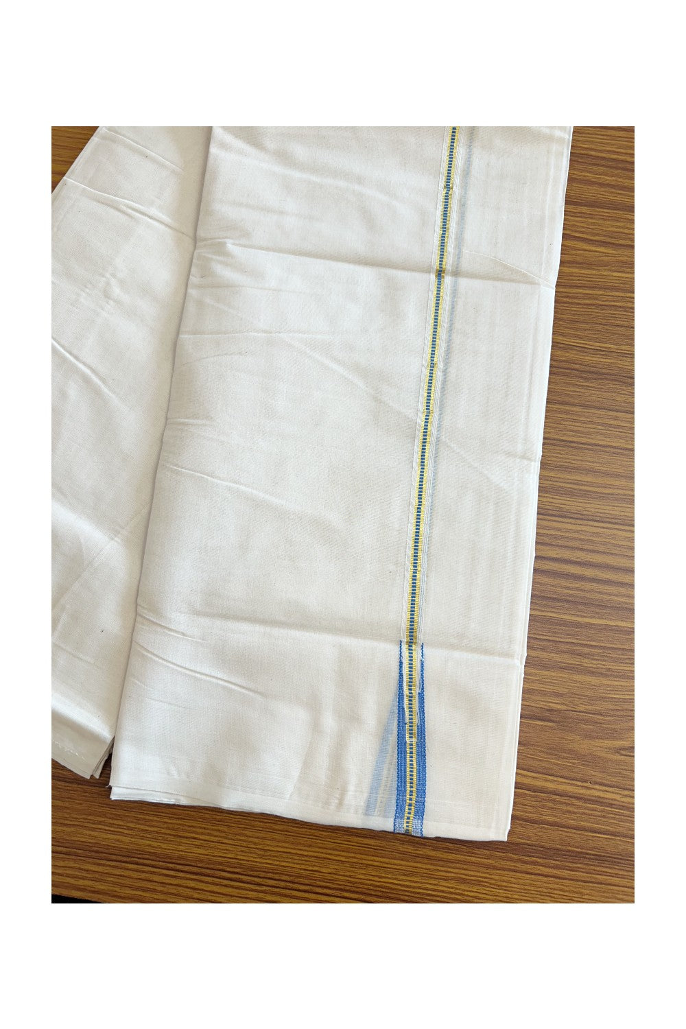 25% DISCOUNT! KaithariKada Balaramapuram 100% Cotton Double Off white (Unbleached) Mundu/Dhoti-100x100  1.5 cm Chutty Puliyilakkara Muthukuri Kasavu & Sky Blue Kara- 8KK417ASH