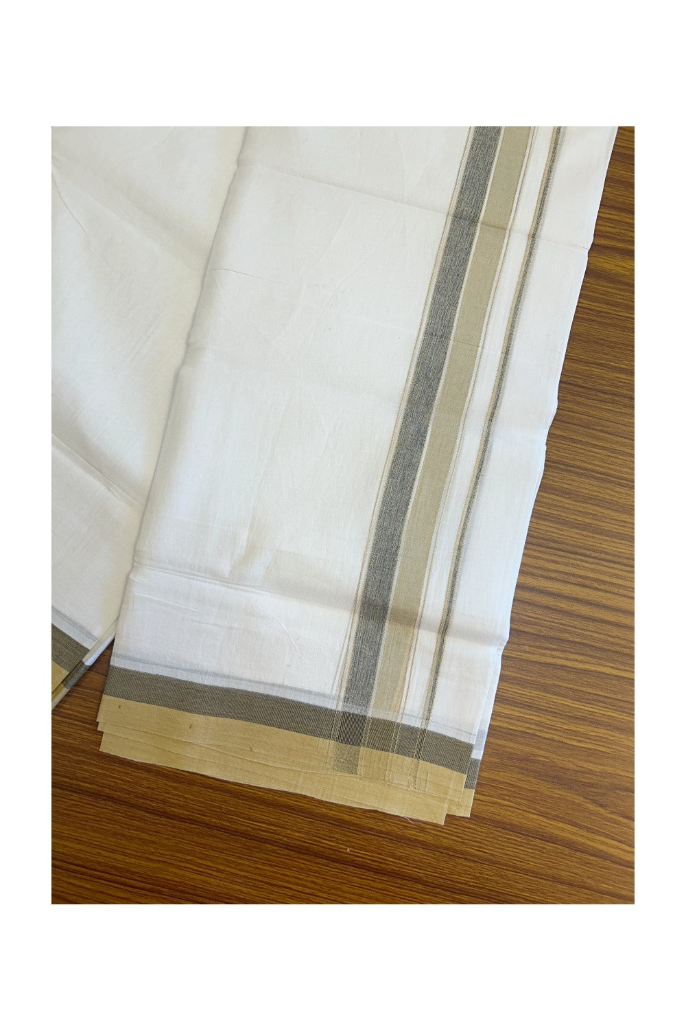 28% DISCOUNT! KaithariKada Balaramapuram 100% Cotton PURE WHITE Double Mundu/Dhoti-100x80- 1.75 inch Sand Brown & Black shaded designer kara - 6KK5134THI