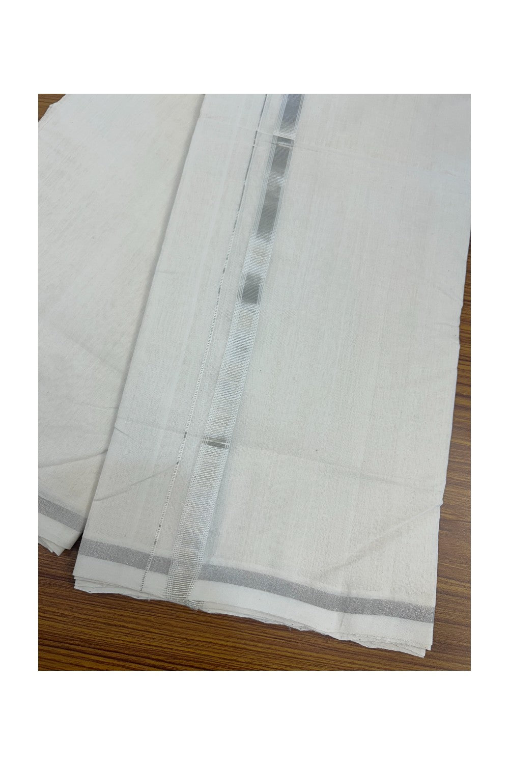 25% DISCOUNT! KaithariKada HANDLOOM Millpaav Balaramapuram - 100% PURE Cotton Off White - (Unbleached) Double Mundu/Dhoti - 2 cm Silver Kasavu Striped kara - 6KK5136RAM