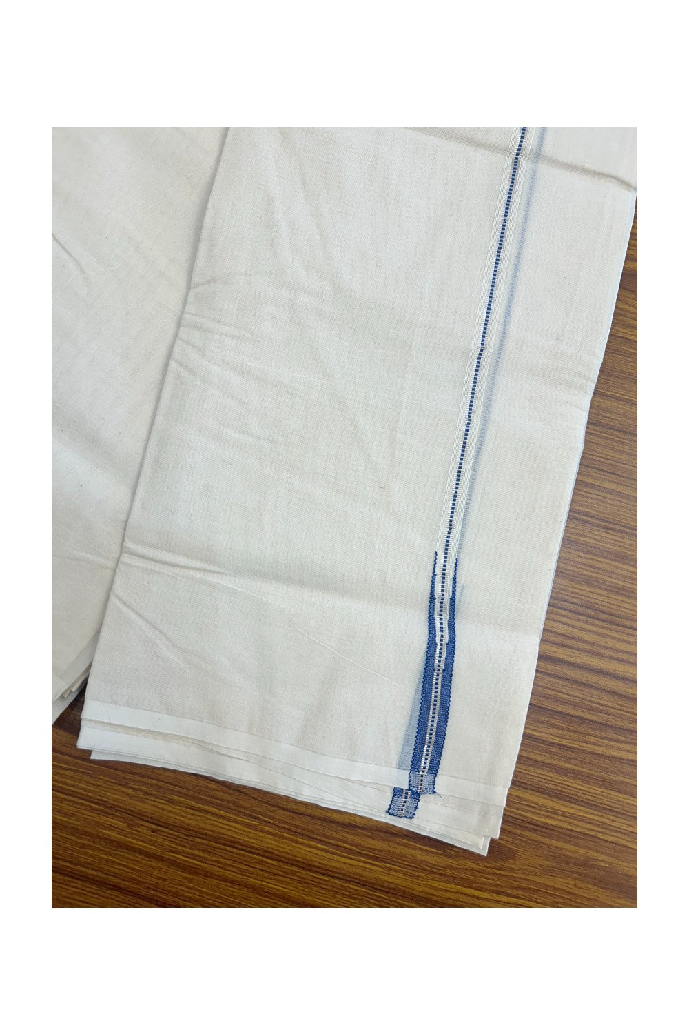 20% DISCOUNT! KaithariKada Balaramapuram 100% Cotton Double Off white - (Unbleached) Mundu/Dhoti-100x100 - 1 cm Puliyilakkara Muthukuri Silver Kasavu & Blue Chutty Kara- 6KK5140ASH