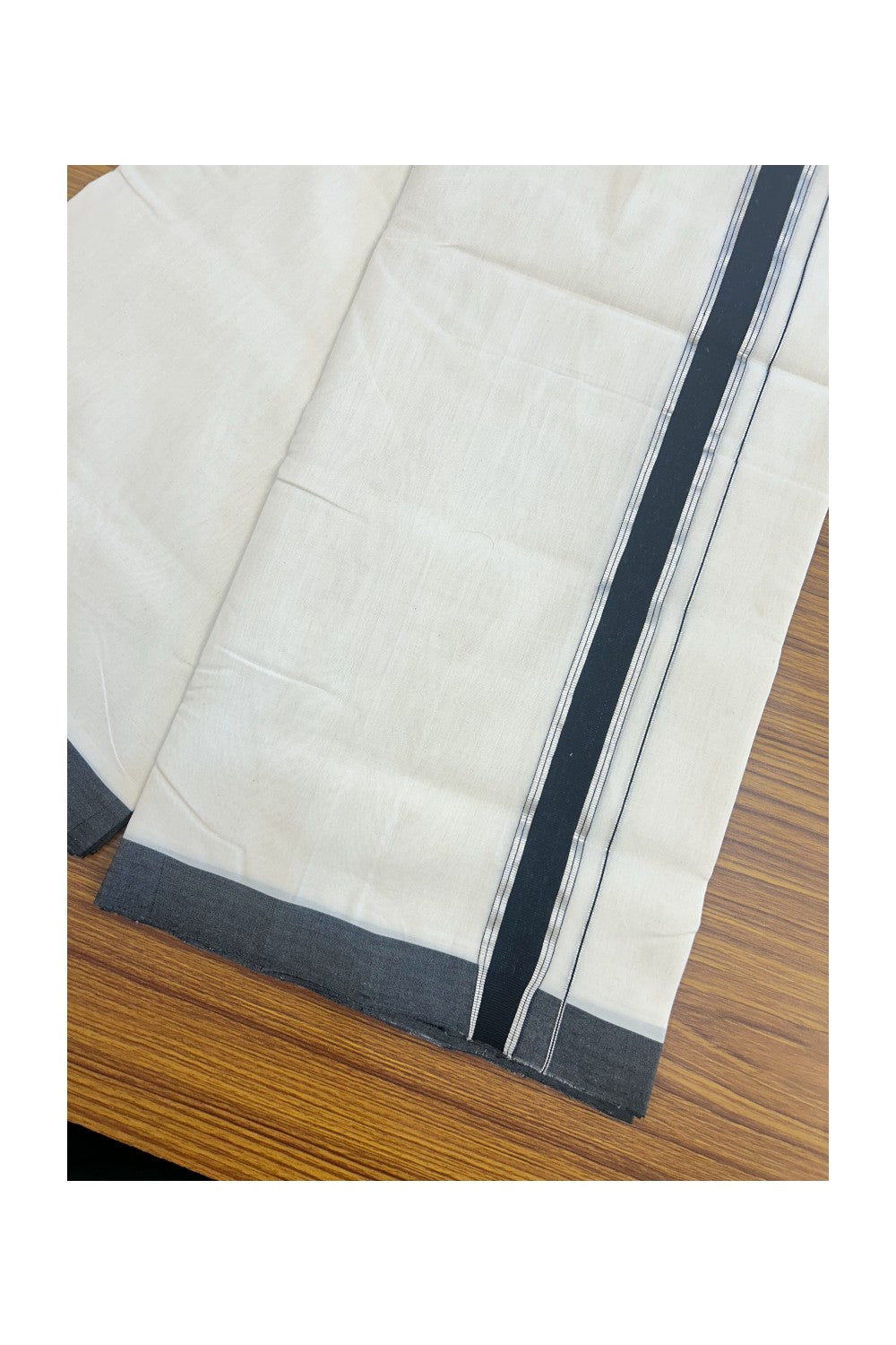 30% DISCOUNT!! KaithariKada HANDLOOM UNAKKUPAAV Balaramapuram - 100% PURE Cotton OFF White Double - (Unbleached)- Mundu/Dothi - 1.5 inch Silver Kasavu & Black Kara 4.5 Meters (10 Muzham) - 6KK5160REA