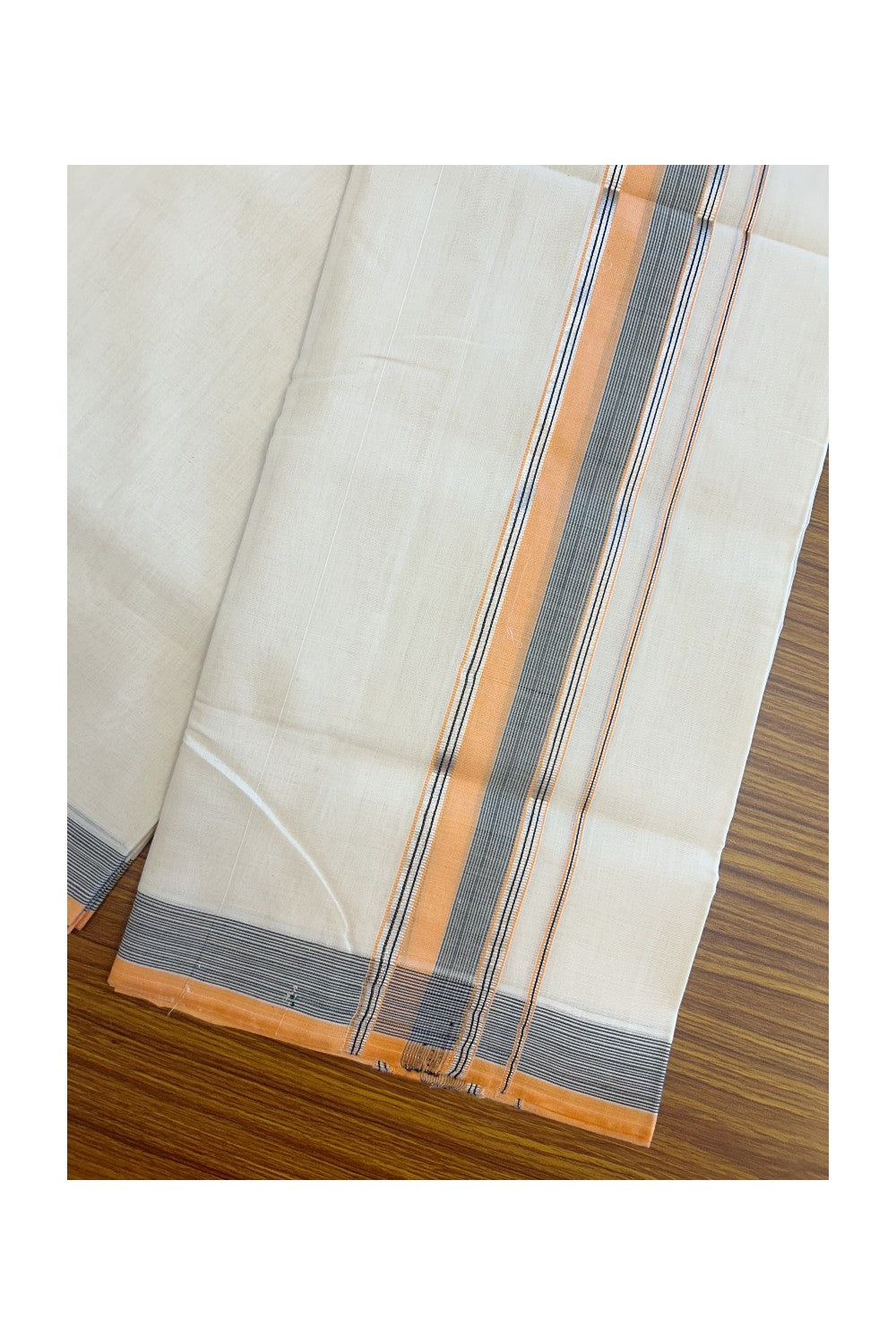 27% DISCOUNT! KaithariKada BALARAMAPURAM HANDLOOM UNAKKUPAAV - 100% PURE Cotton Off white (Unbleached) Double Mundu/Dhoti - 2 inch Silver Kasavu & Orange Black Striped Kara (8 Muzham) - 23KK5161SOM