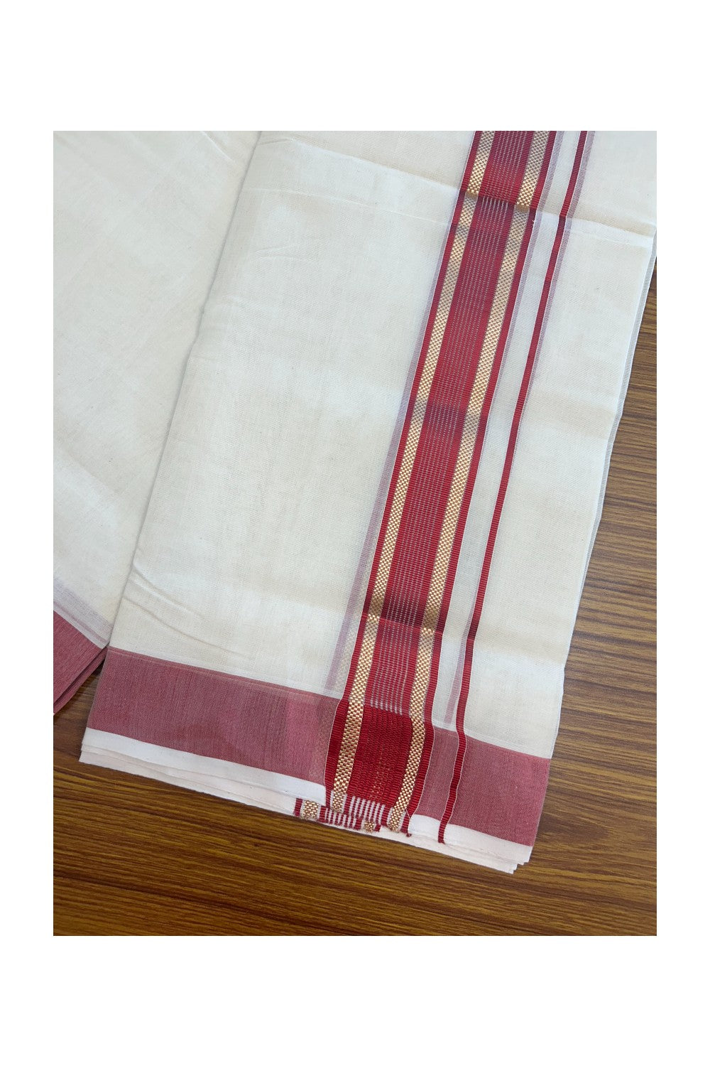 27% DISCOUNT!! KaithariKada HANDLOOM millpaav Balaramapuram - 100% PURE Cotton OFF White - (Unbleached) Double Mundu/Dothi - 2 inch Red colour kasavu  & Gold Kasavu Striped kara - 8KK5162RAM