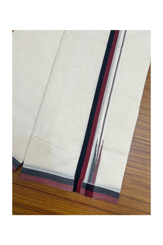 DMK Veshti - 23% DISCOUNT! KaithariKada 100% Cotton off white Double - (Unbleached) Mundu/Dhoti - 100X100 - 1 inch Puliyilakkara Black & Maroon Chutty kara - 6KK5165ASH