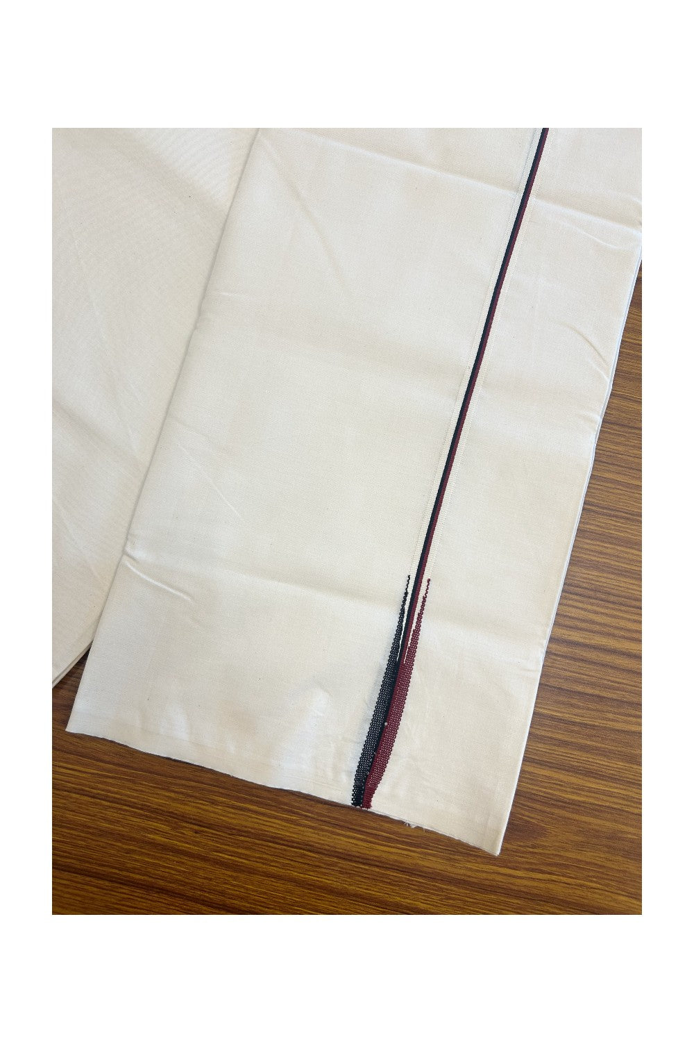 DMK Veshti - 29% Discount!! KaithariKada Balaramapuram 100% COTTON SINGLE OFF WHITE- (Unbleached) Mundu/Dhoti-100X100 - 1 cm Puliyilakkara Maroon & Black Chutty (2 meter / 4 muzham) - 6KK5166ASH