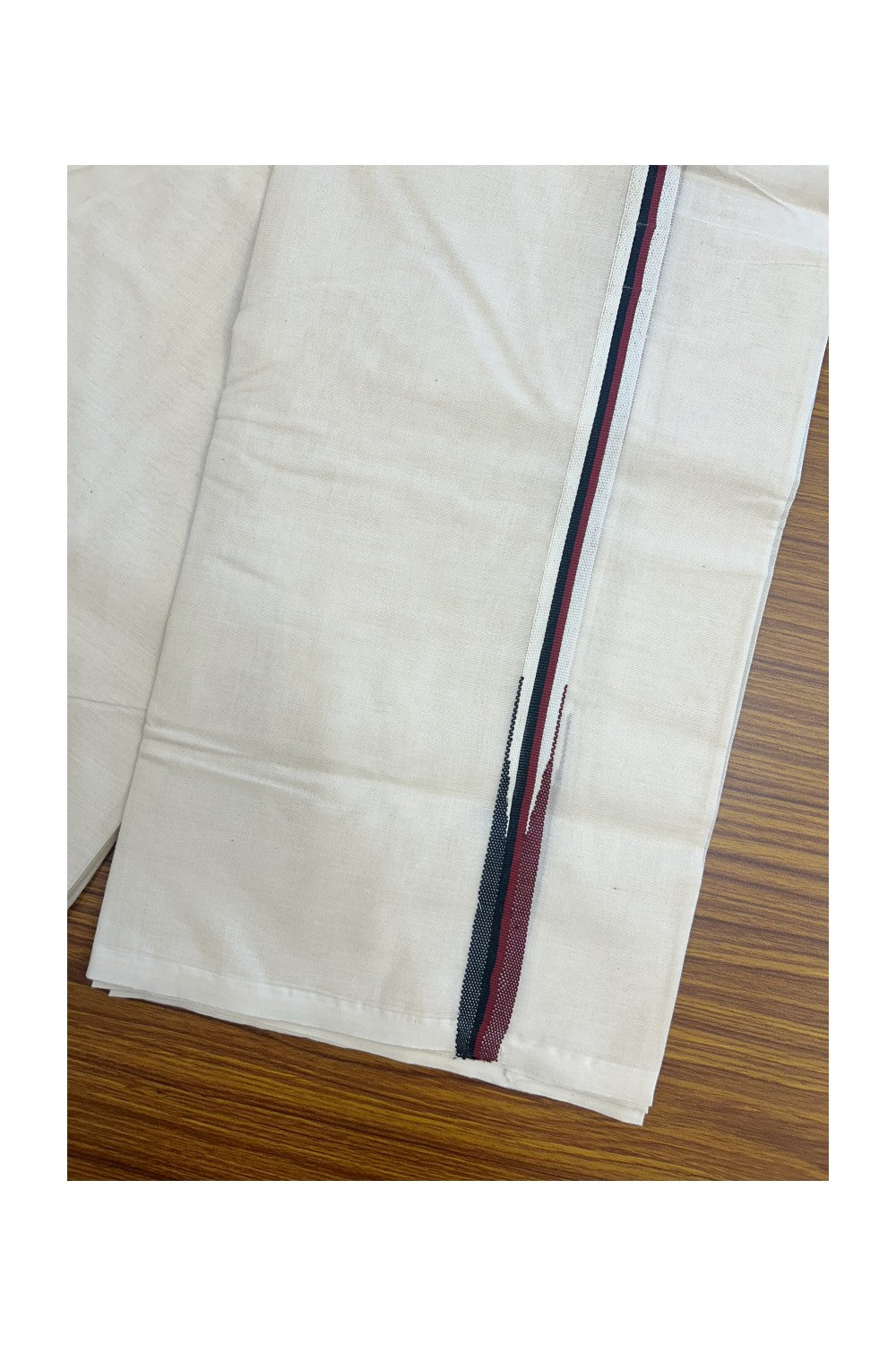 DMK Veshti - 23% DISCOUNT! KaithariKada 100% Cotton off white Double - (Unbleached) Mundu/Dhoti - 100X100 - 2 cm Puliyilakkara Black & Maroon chutty 3.80 mtr (8 Muzham)- 6kk5168ASH