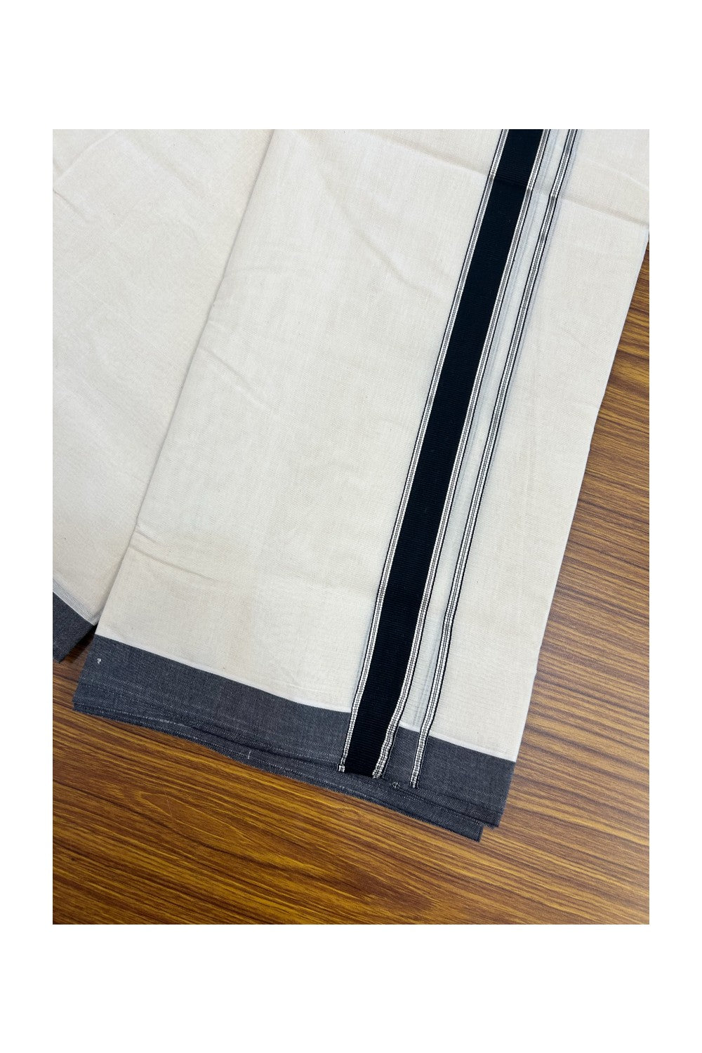 20%Discount KaithariKada Balaramapuram 100% Cotton Double Off white - (Unbleached) - Mundu/Dhoti-100x80 - 1 inch Black & Silver Kasavu Striped Kara 3.75 mtr (8 Muzham)- 6KK5198ASH