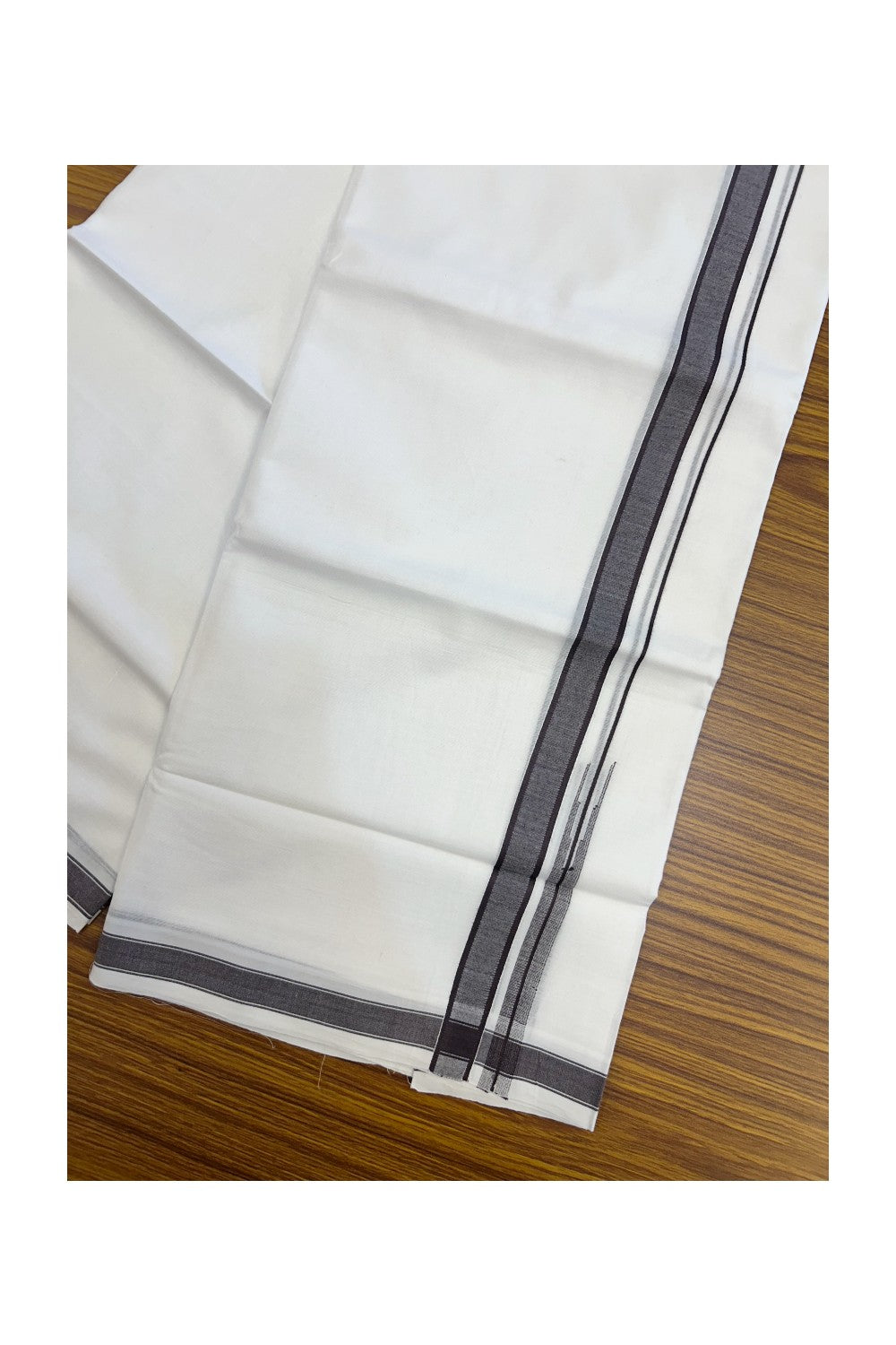 20% Discount!!! KaithariKada Balaramapuram  Double PURE WHITE Mundu/Dhoti - 100x80 - 0.75 inch Dark Brown shaded puliyilakkara striped chutty - 6KK5217 CKS