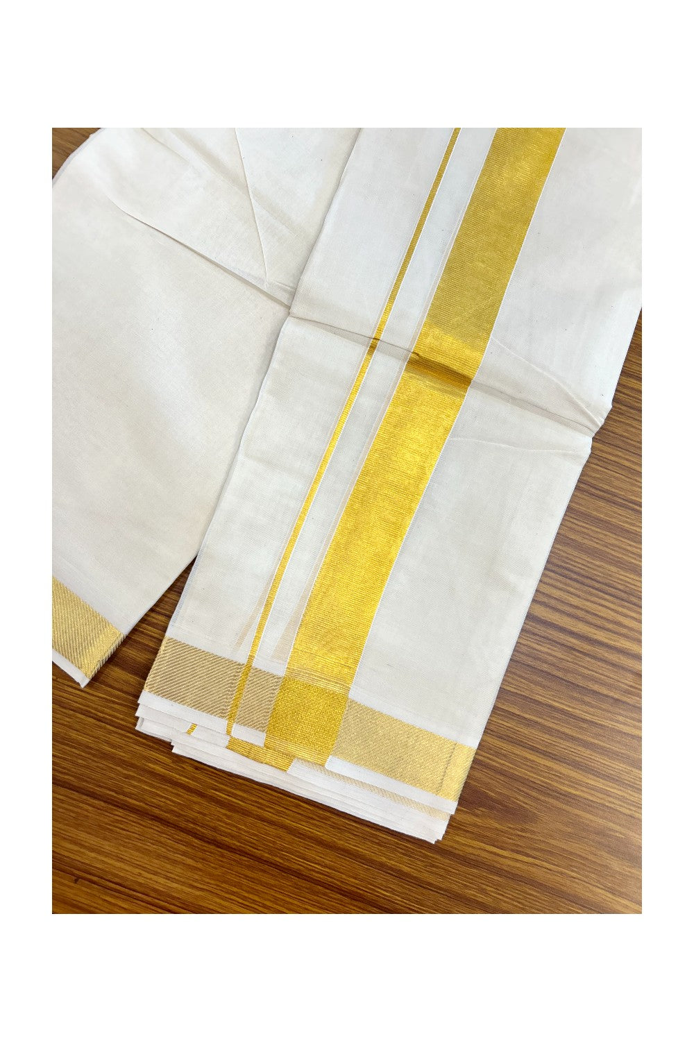20% DISCOUNT! Kaitharikada Balaramapuram 100% Cotton OFF WHITE Double Mundu/Dothi  - 100x90- 1.5 Inch Gold Kasav Kara - 6KK5219 GAN