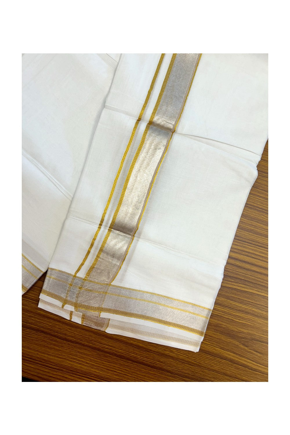 17% DISCOUNT! KaithariKada Balaramapuram 100% Cotton Double PURE WHITE Mundu/Dhoti - 100x100 - 1.5 inch Brown Silver Kasav & Gold Kasavu Stripes Kara - 6KK5221 GAN