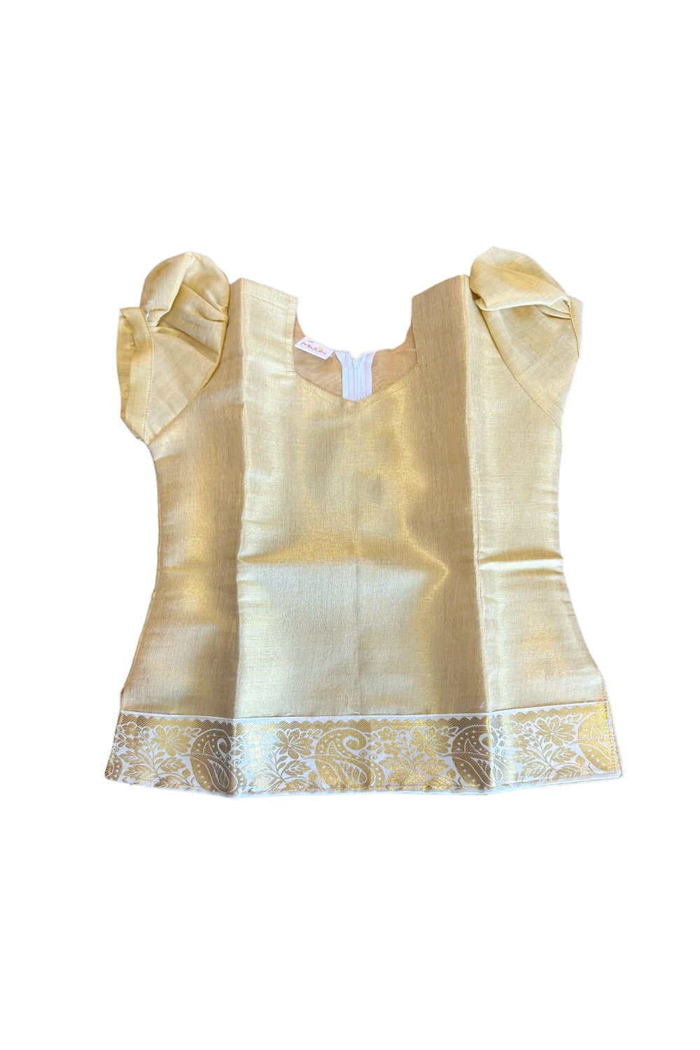 Midukki-Traditional South Indian Kids Pattu Pavada- Golden tissue top offwhite brocade skirt with kasavu- Age 8 - KK8MID006