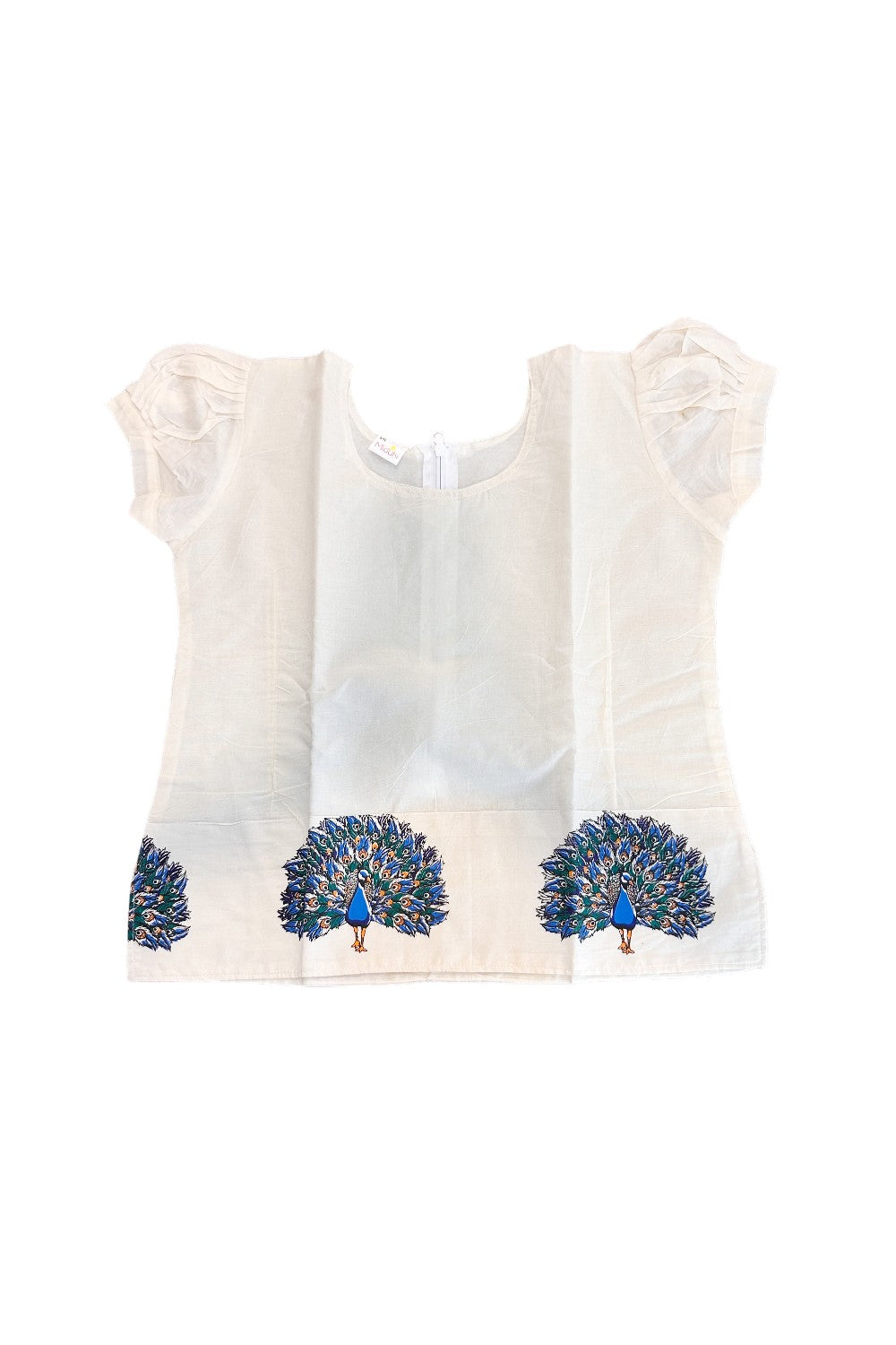 Midukki-Traditional South Indian Kids Pattu Pavada- Offwhite top with peacock print offwhite skirt with kasavu peacock print- Age 15&16 - KK15&16MID006